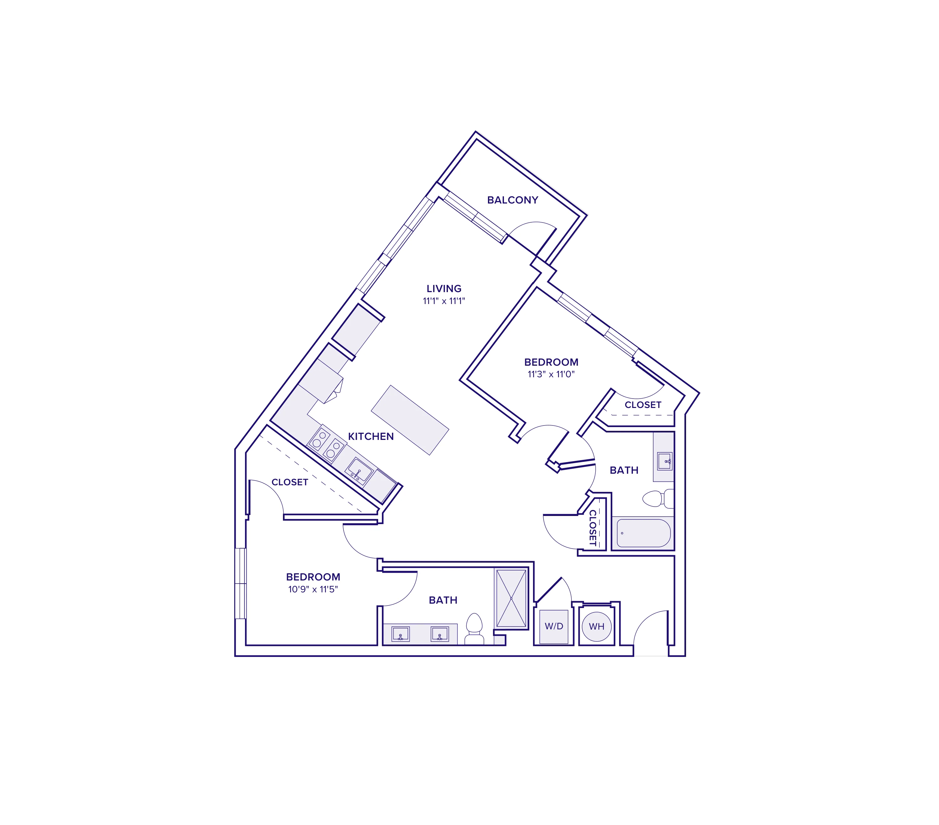 1073 square foot two bed two bath apartment floor plan in Atlanta, GA