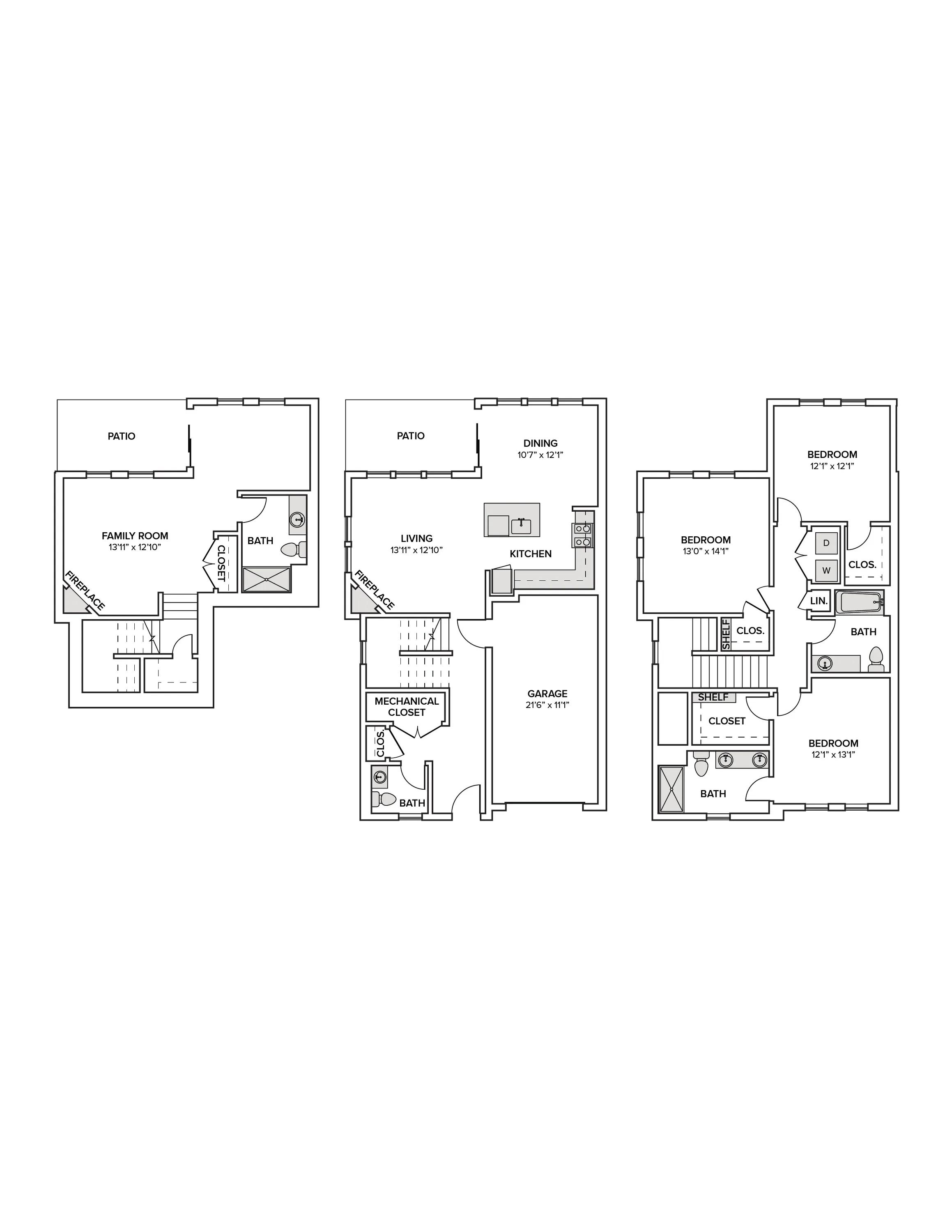 2248 square foot three bed three and a half bath townhome floor plan image