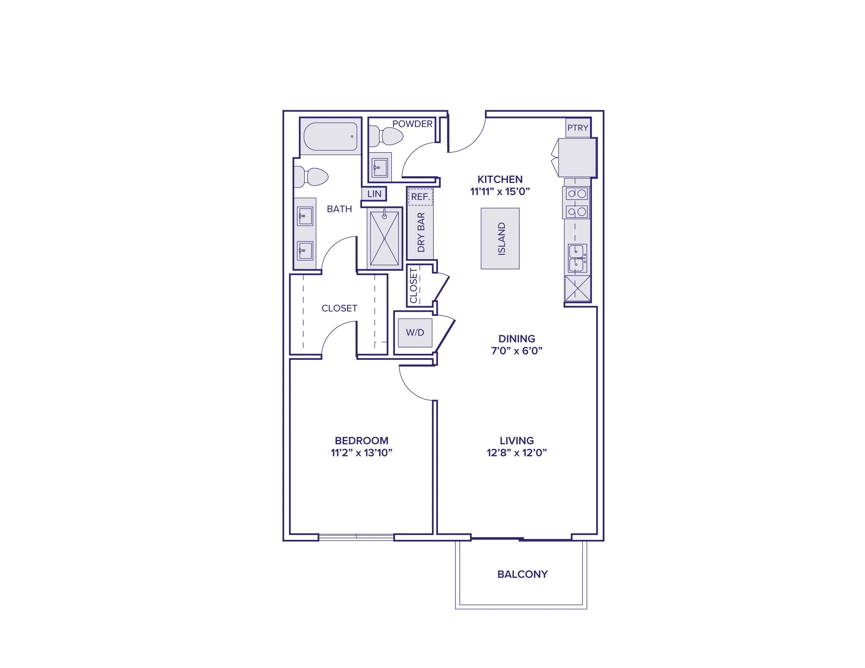 851 square foot one bed one and a half bath apartment floor plan in Scottsdale, AZ