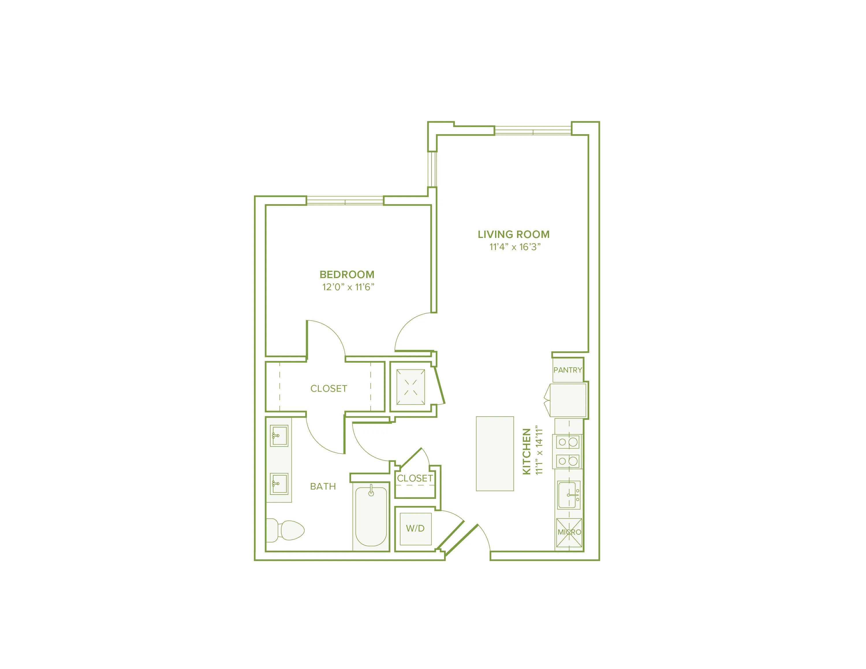 683 square foot one bed one bath floor plan in Falls Church, VA