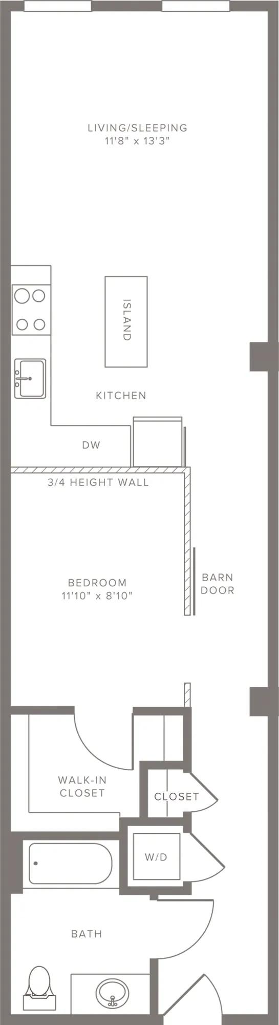 735 square foot one bedroom one bath apartment floorplan image