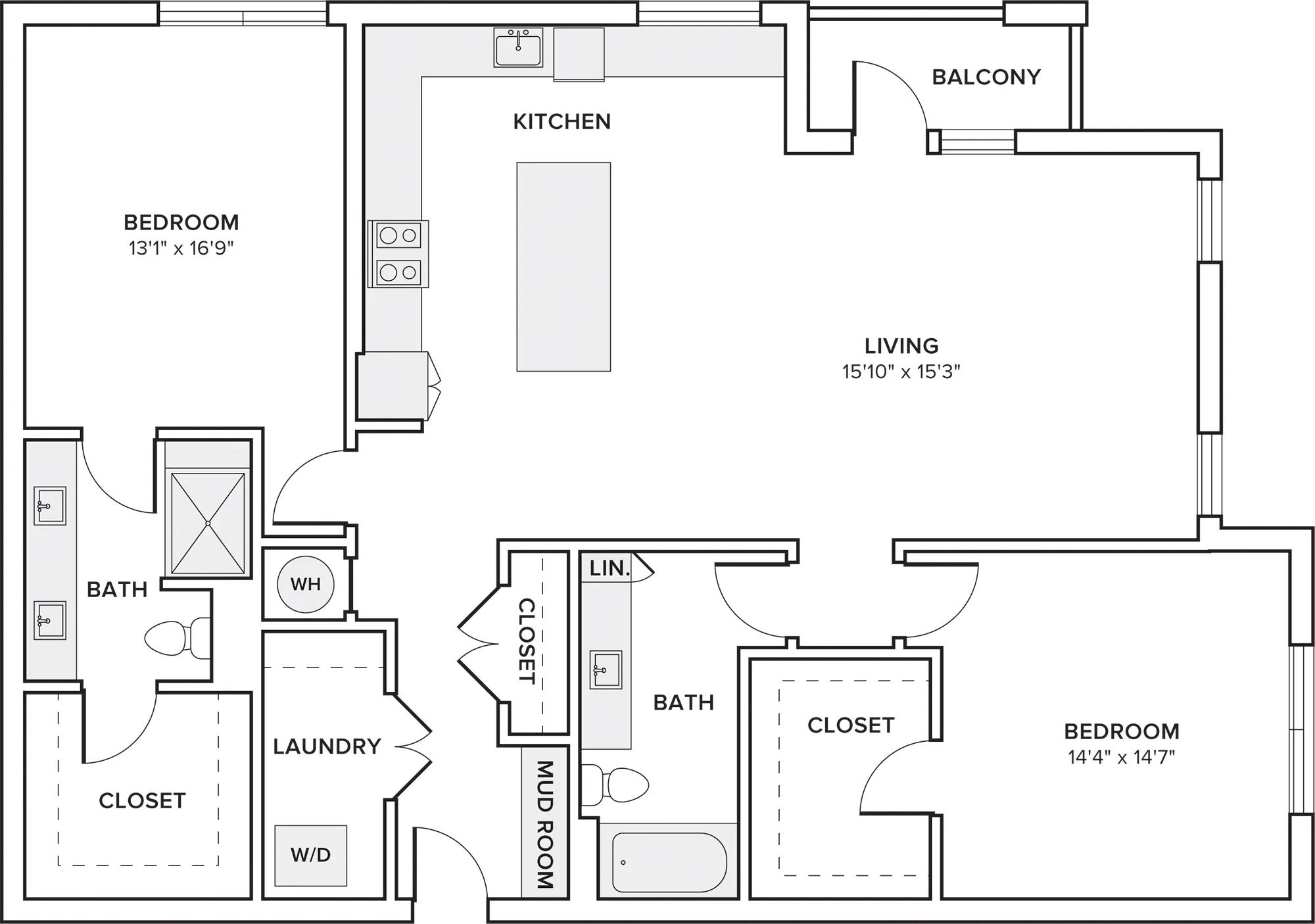 1591 square foot two bedroom two bath apartment floor plan in Dallas, TX