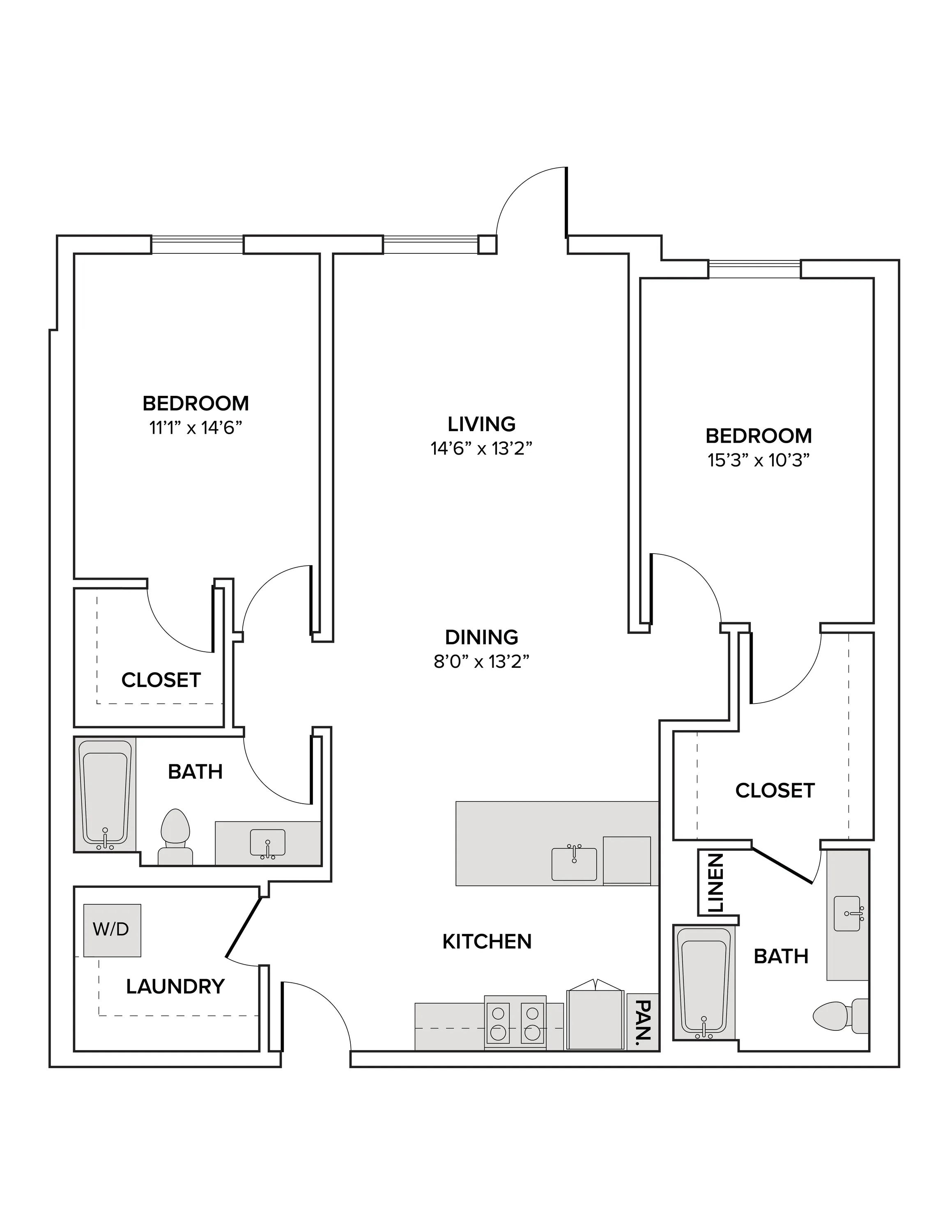 1250 square foot two bedroom two bath apartment floor plan image