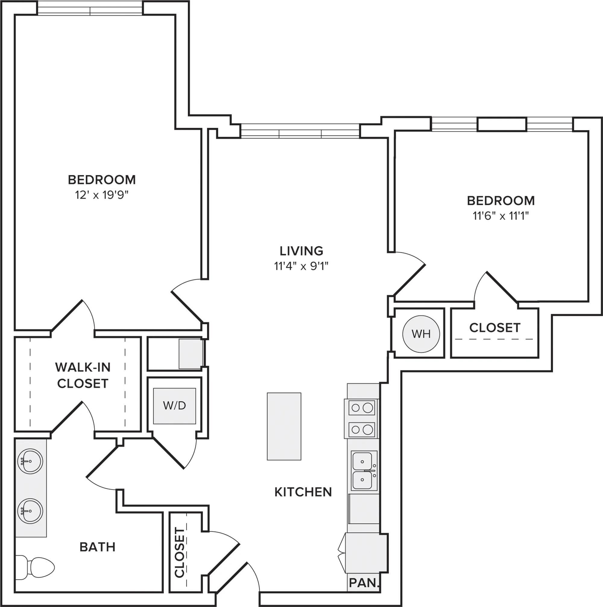 1102 square foot two bedroom one bathroom floor plan image
