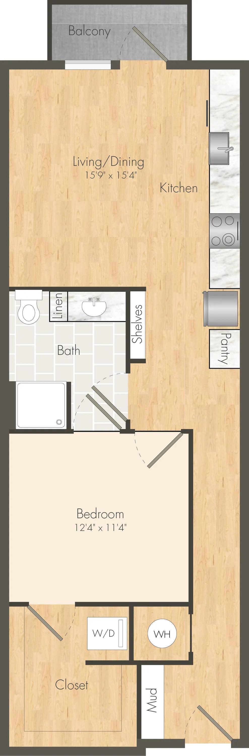 756 square foot one bedroom one bath apartment floor plan in Dallas, TX