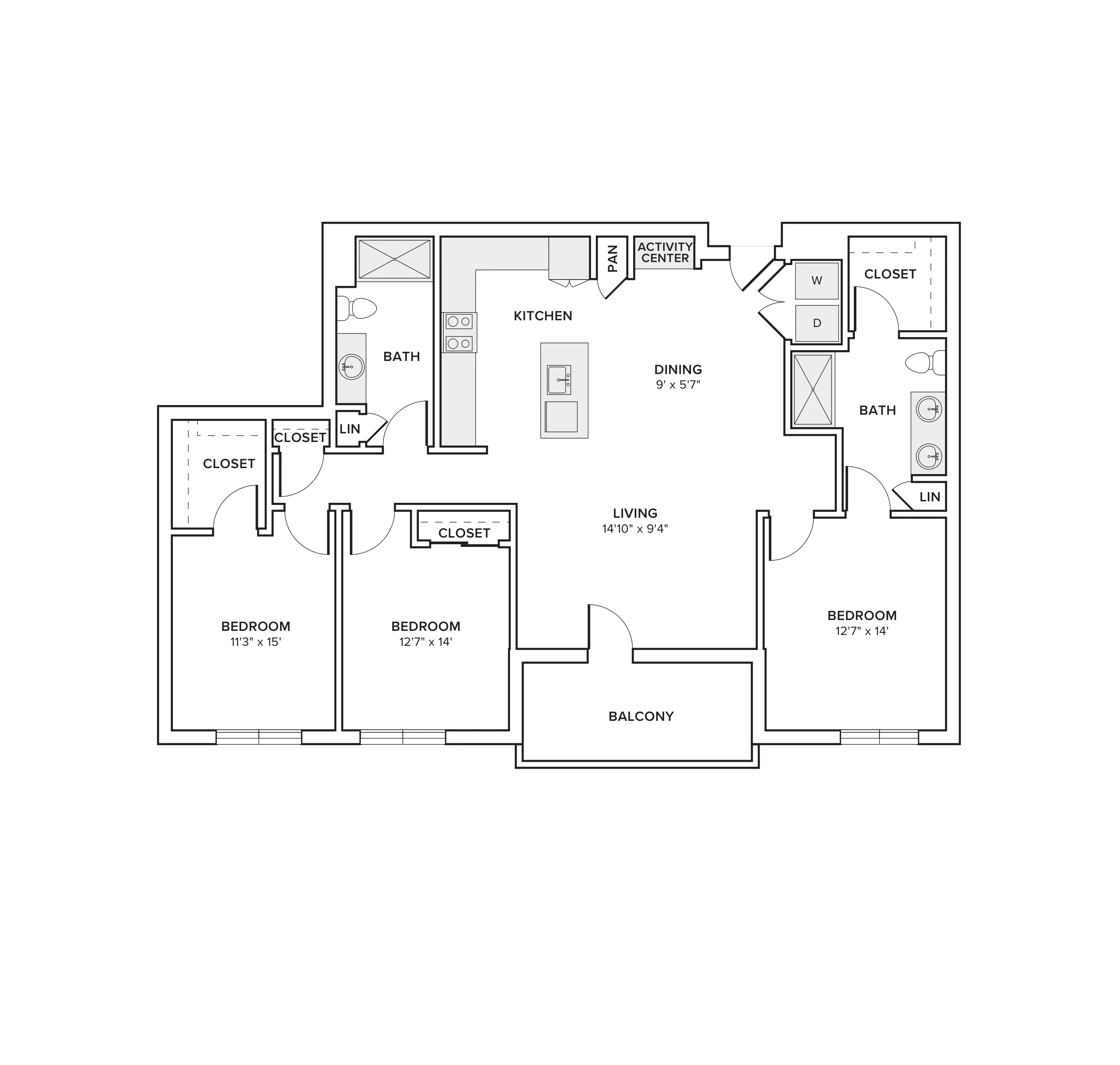 1420 square foot three bedroom two bath townhome floor plan image