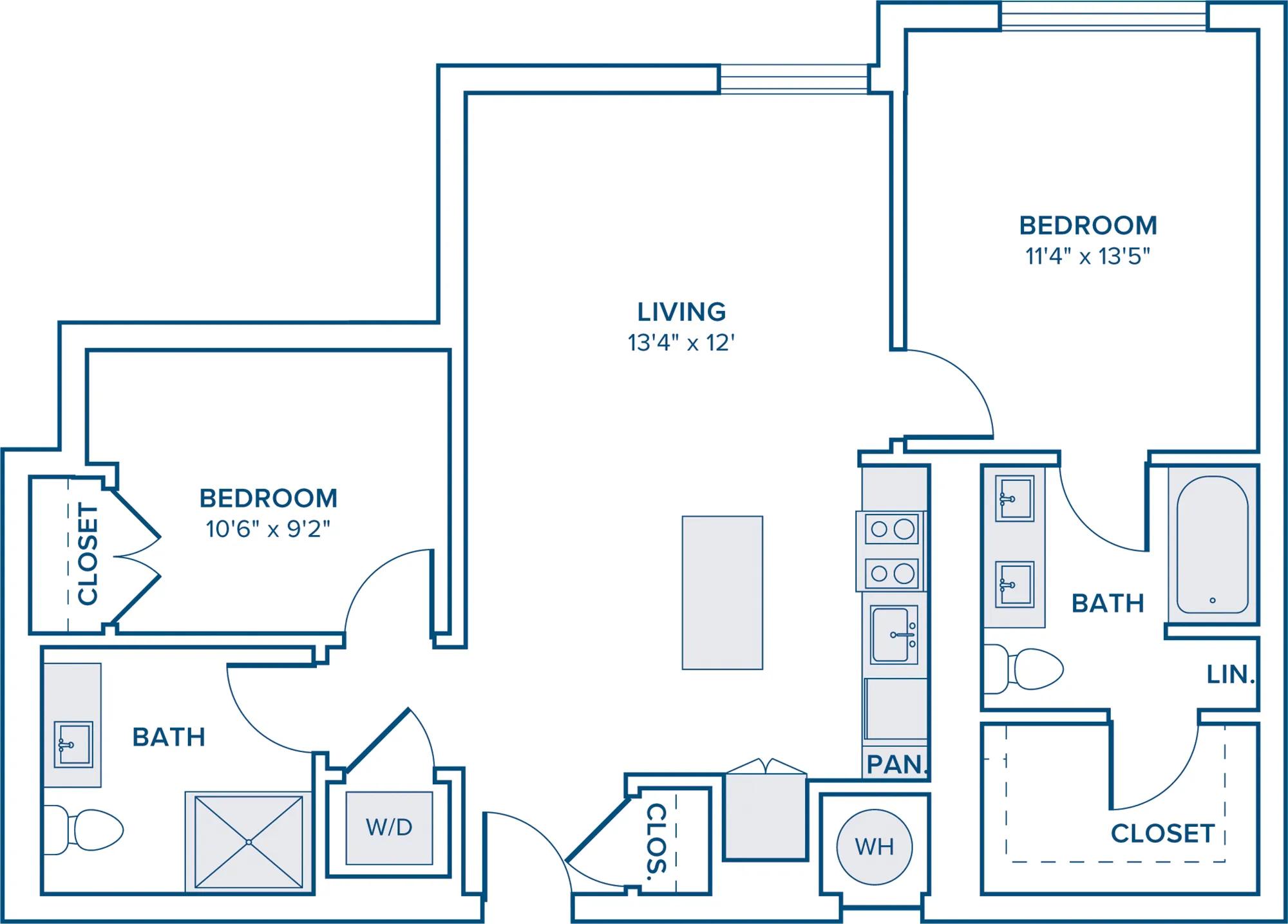 965 square foot two bedroom two bath apartment floorplan image