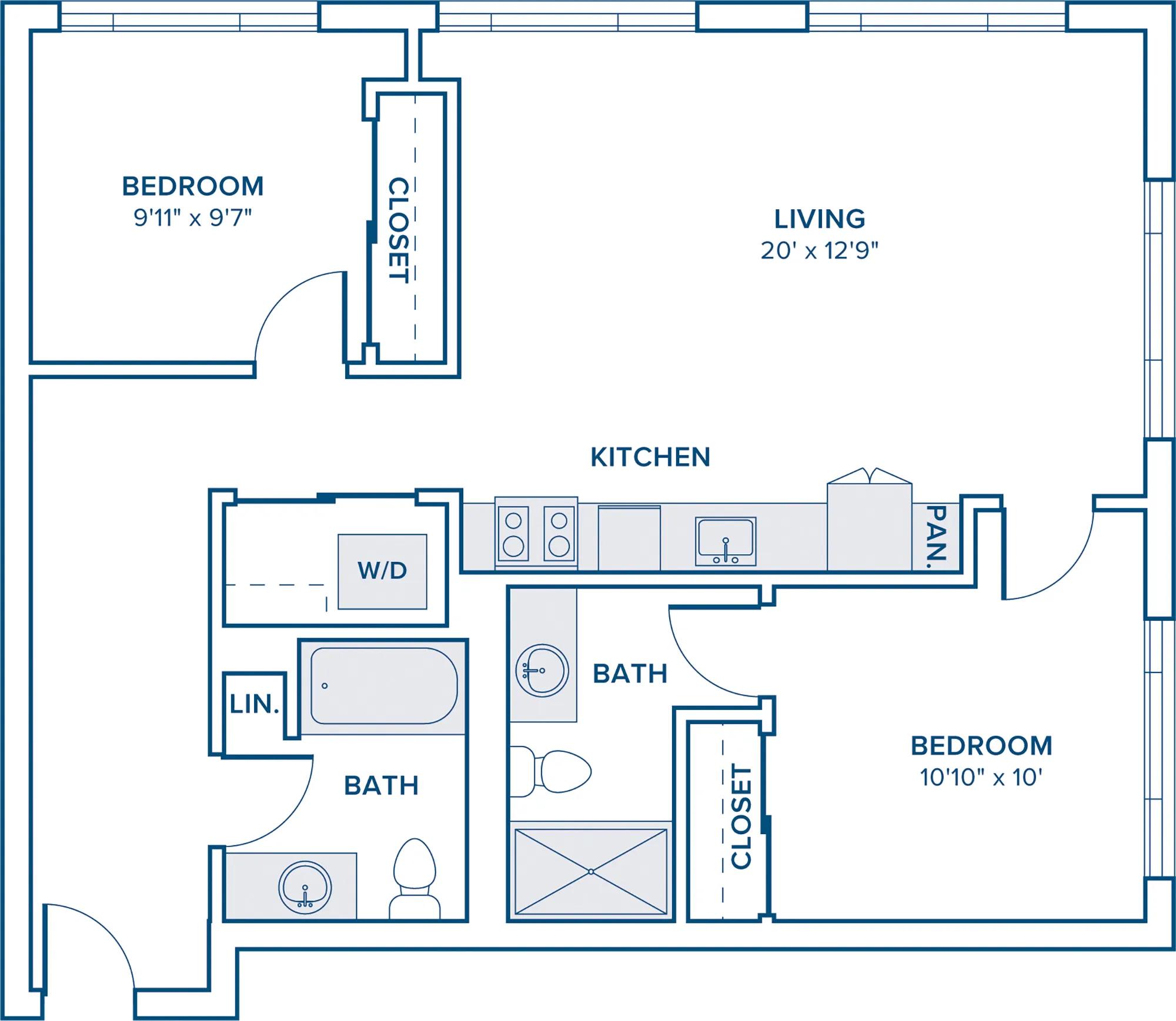 946 square foot two bedroom two bathroom floorplan image