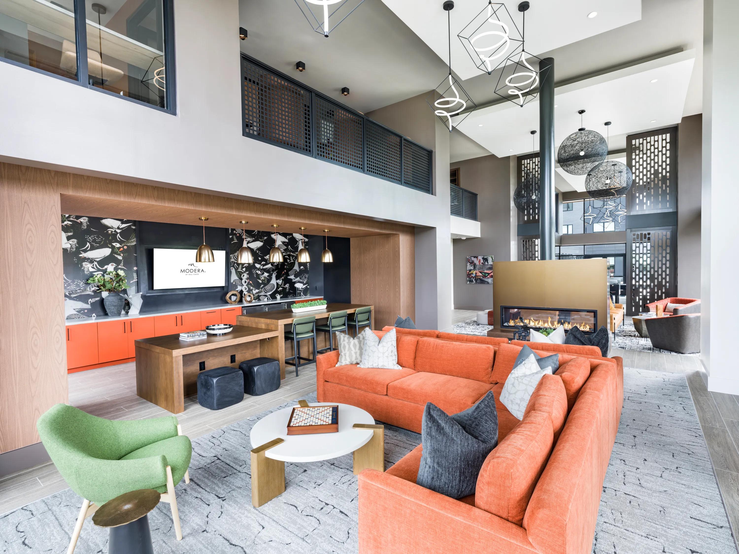 8th floor amenity room and deck with city skyline views modera loso apartments