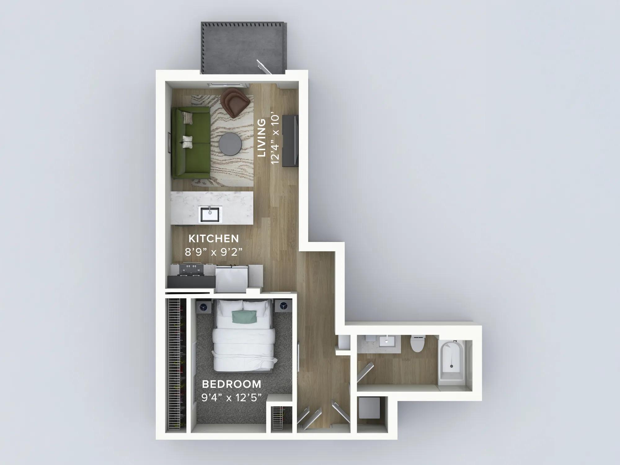 607 square foot one bedroom one bath apartment floorplan image