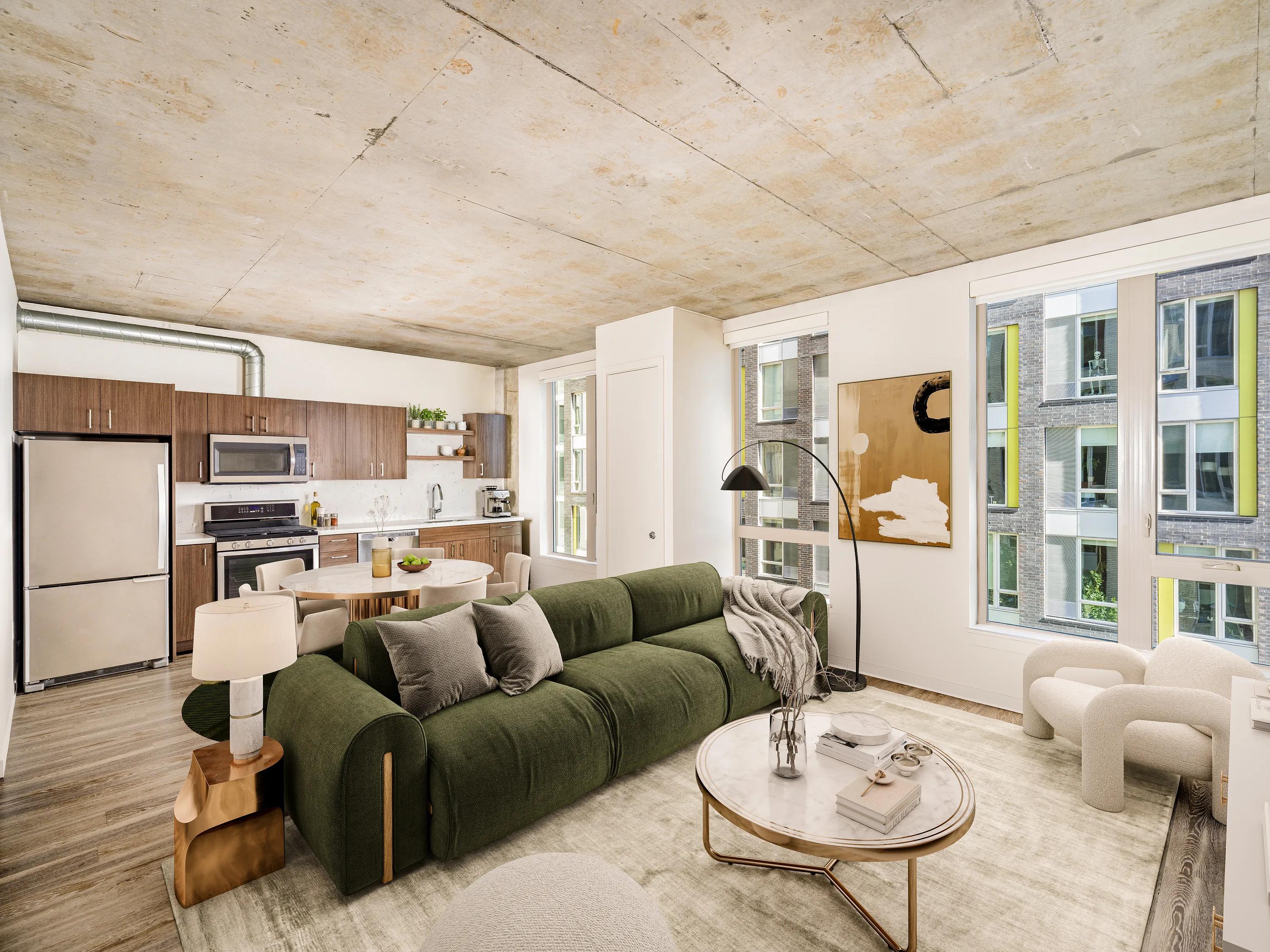 Exposed concrete pillar in bedroom modera pearl apartments in portland