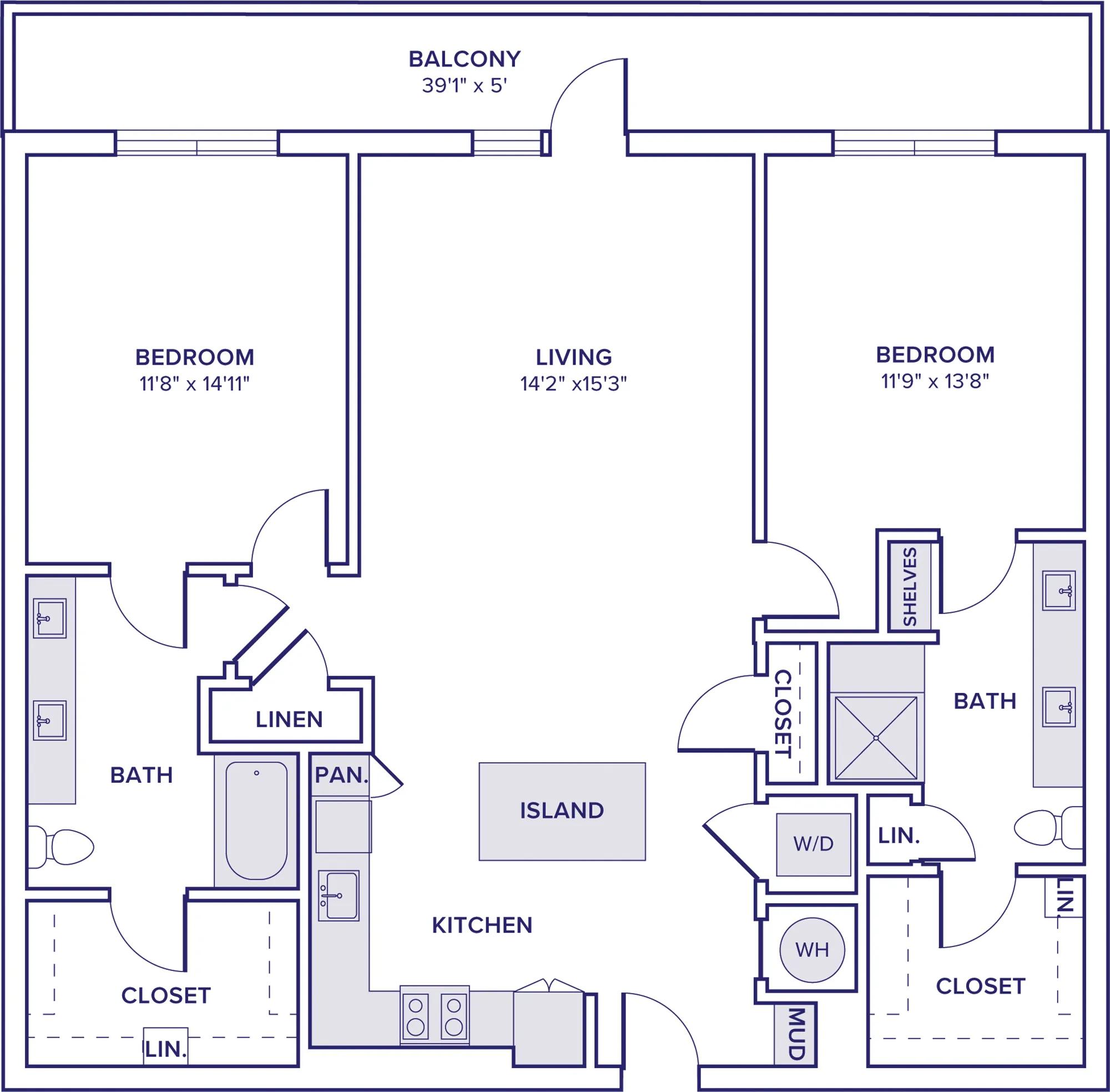 1329 square foot two bedroom two bath apartment floor plan in McKinney, TX