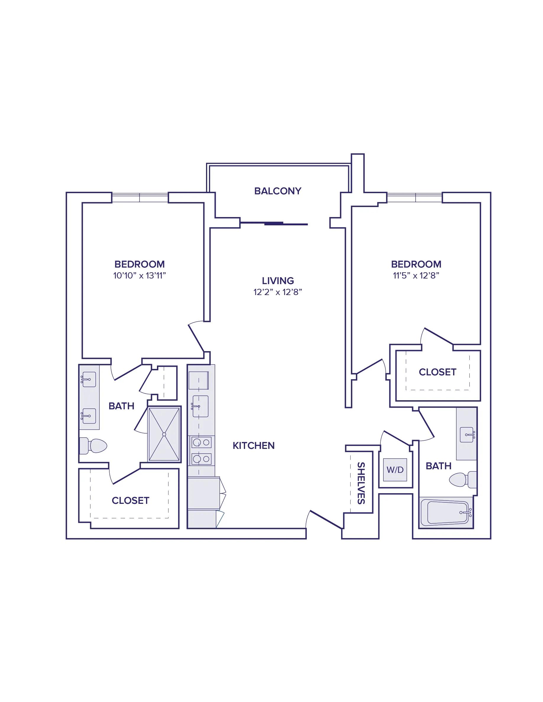 1098 square foot two bed two bath floor plan image