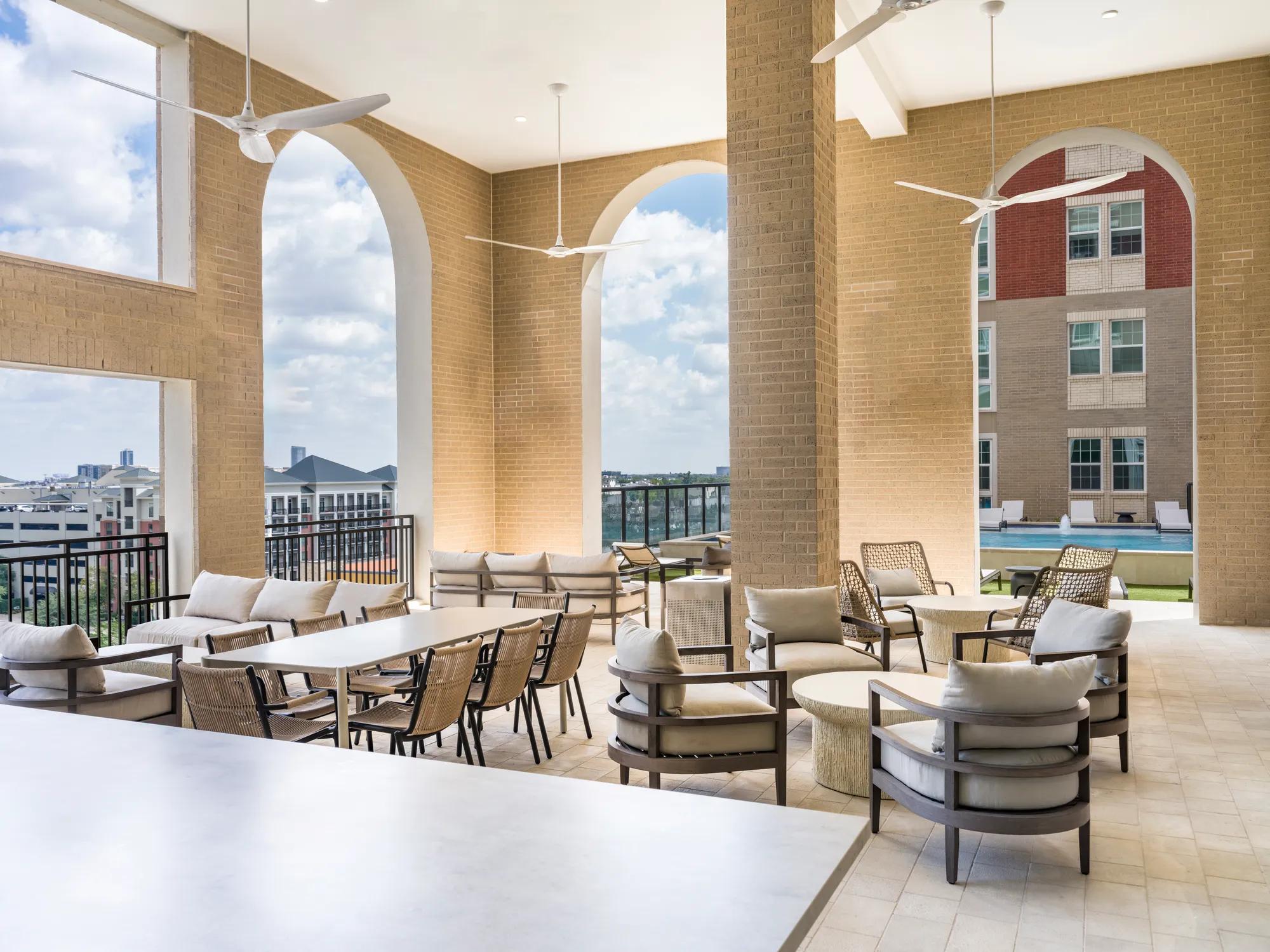 rooftop deck with downtown houston views