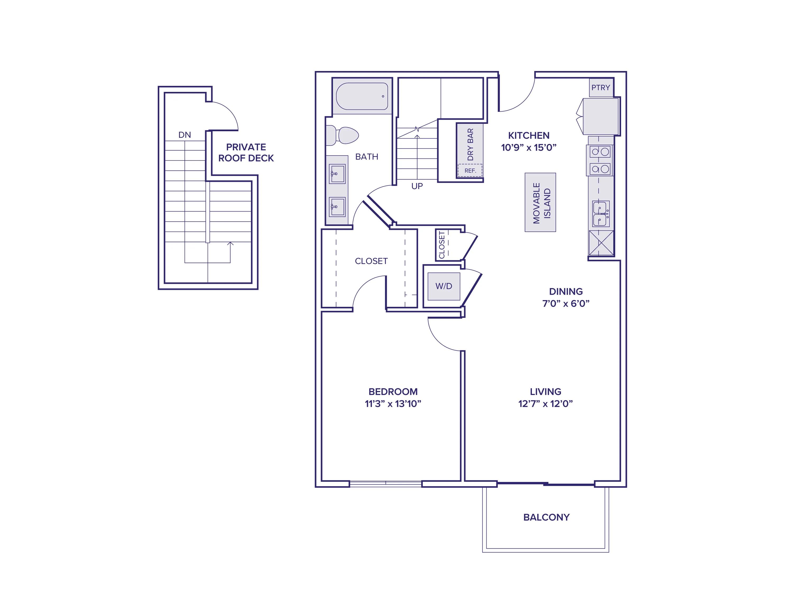 870 square foot one bed one bath apartment floor plan in Scottsdale, AZ