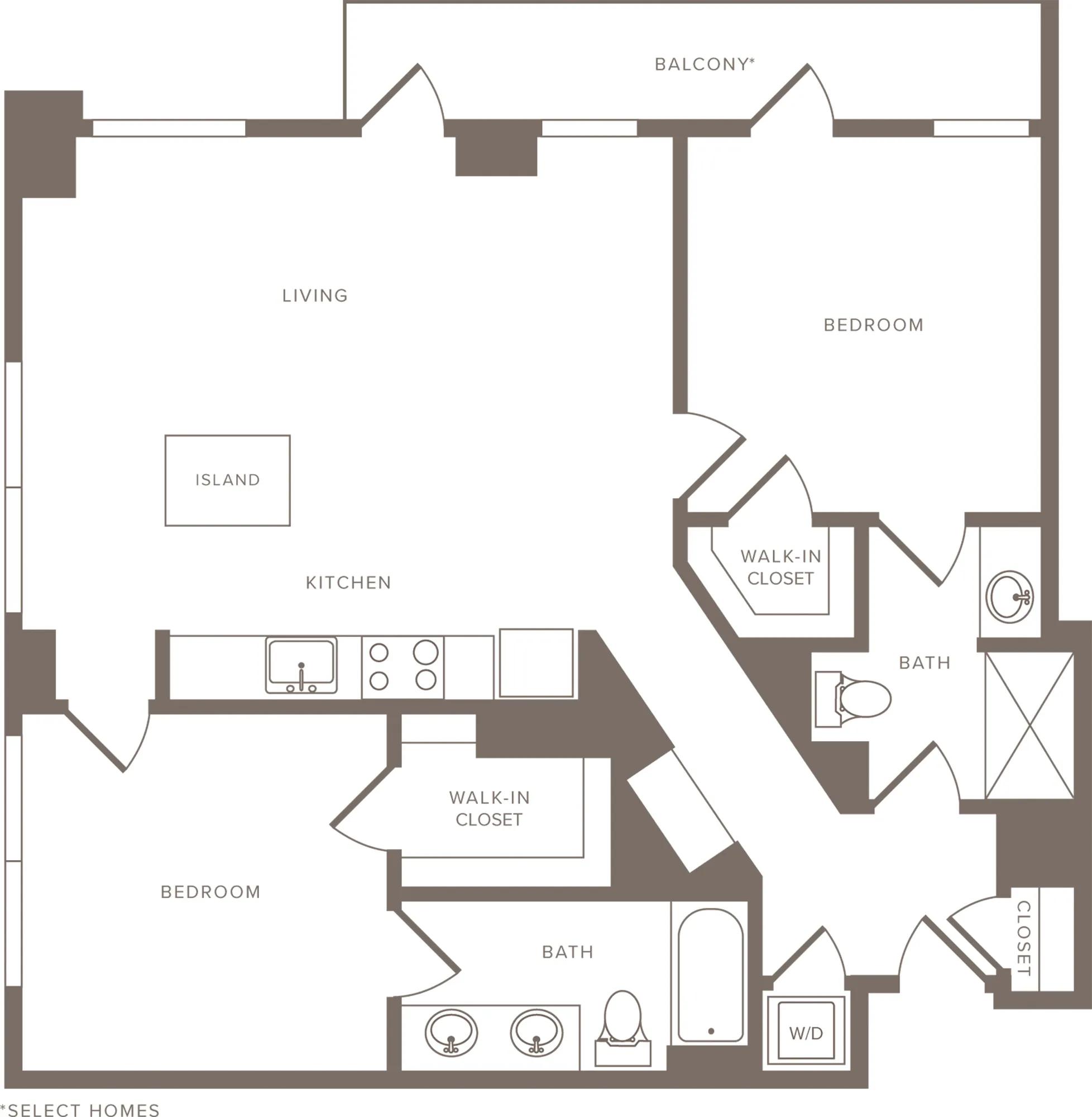 1171 square foot two bedroom two bath high-rise apartment floorplan image