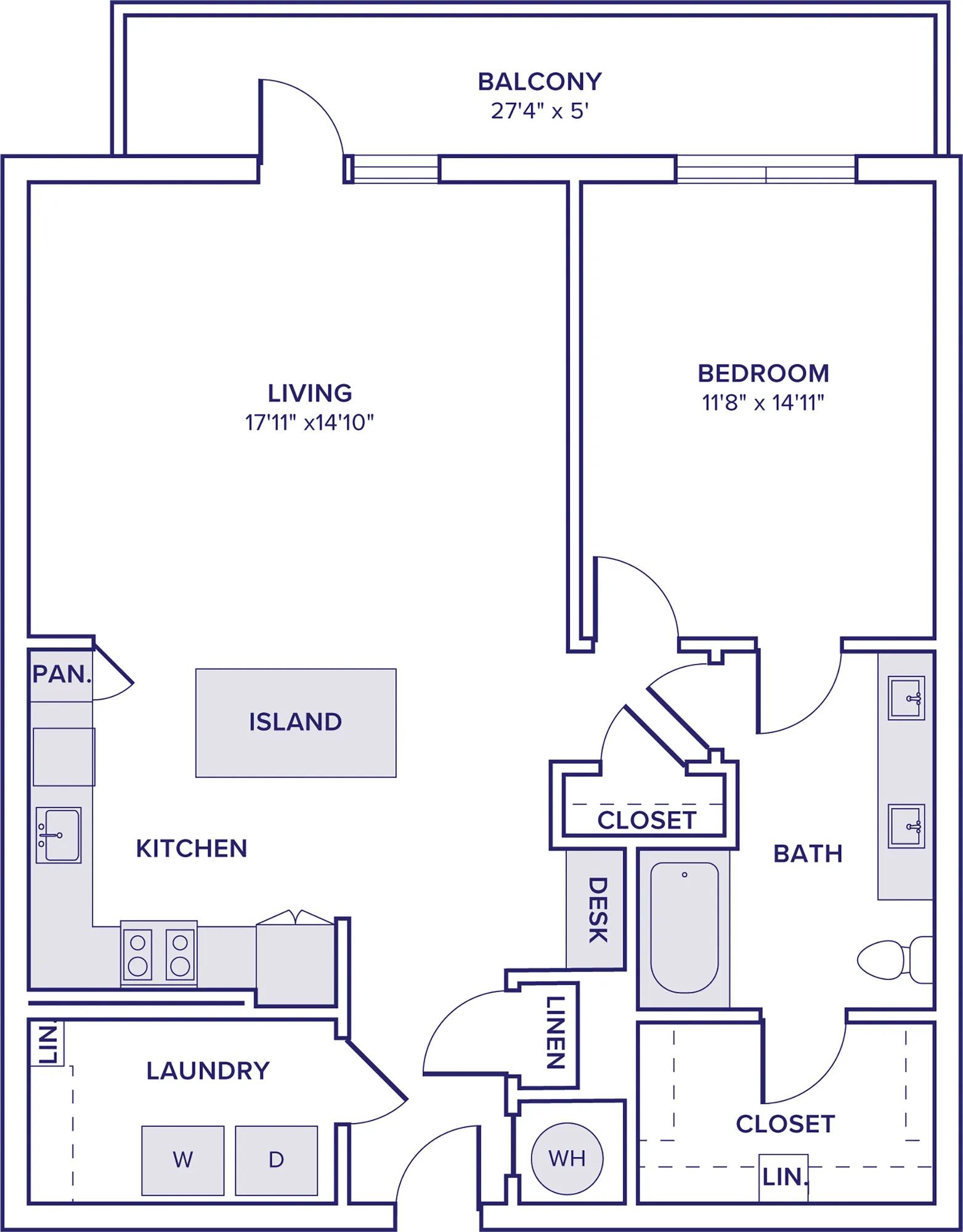 1048 square foot one bed one bath apartment floor plan in McKinney, TX