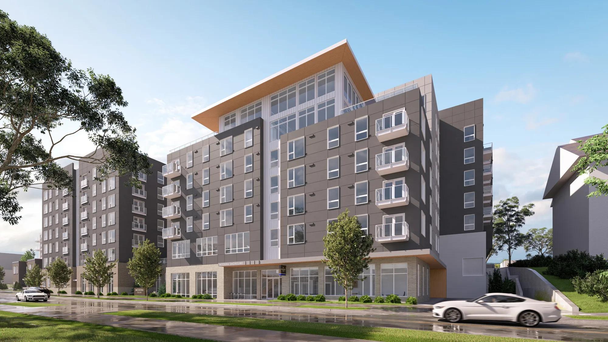 street level view with landscaping rendering at modera shoreline apartment homes for rent in wa