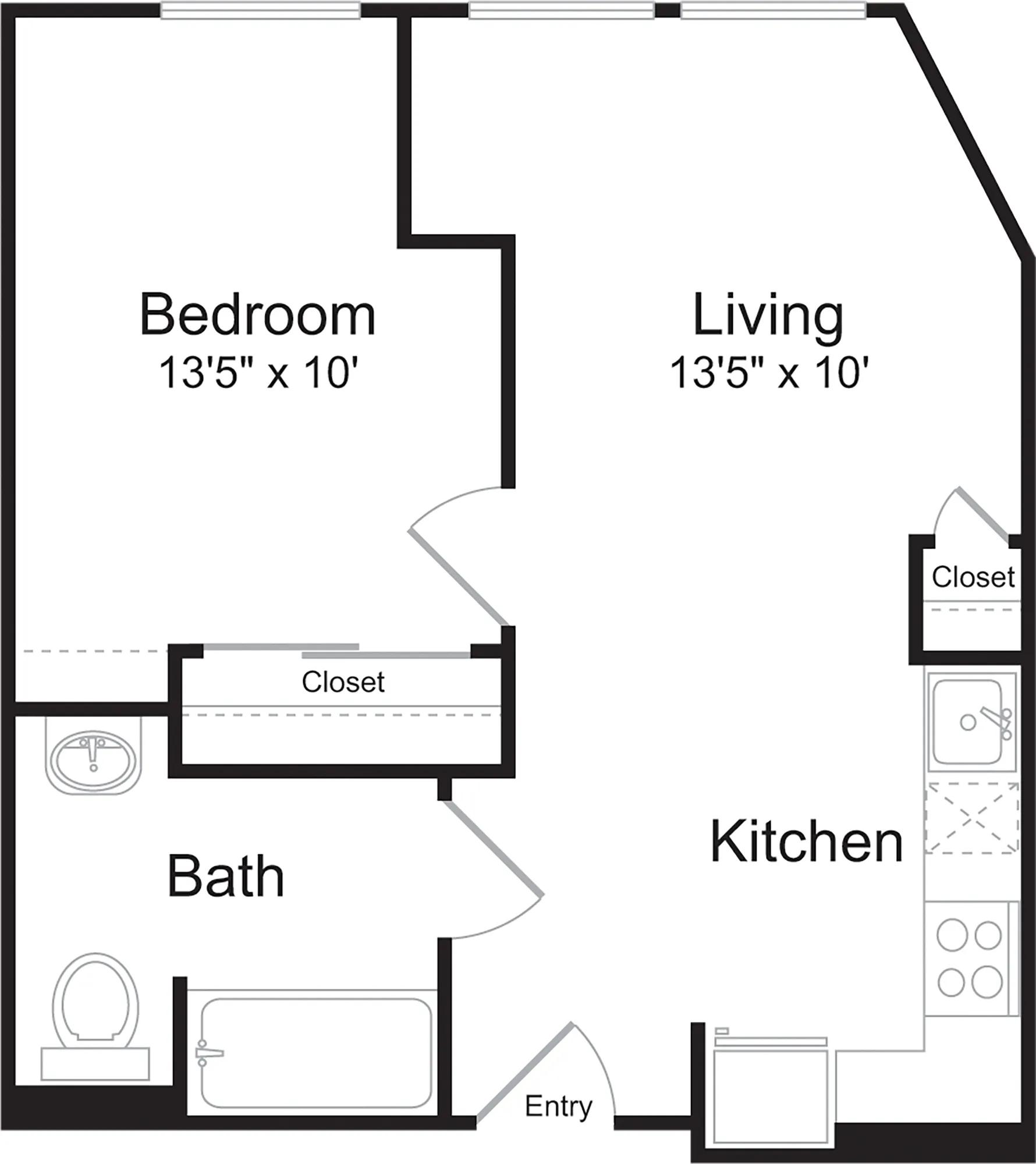 465 square foot one bedroom one story apartment floor plan