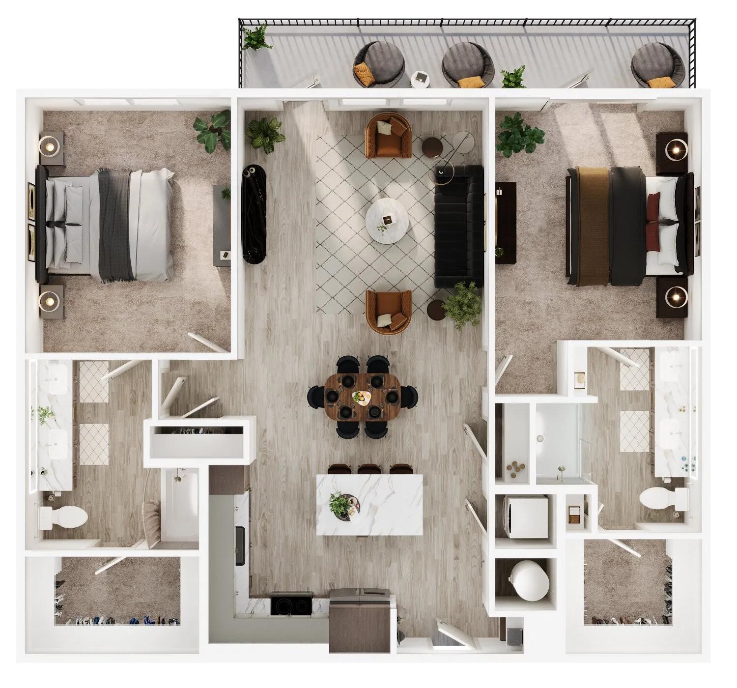 1348 square foot two bed two bath apartment floor plan image