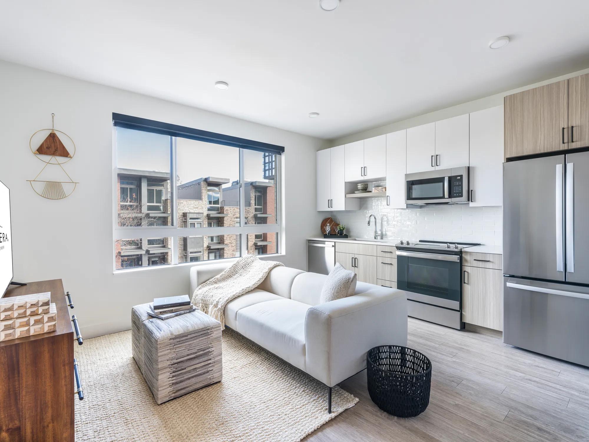 Open concept living room with kitchen