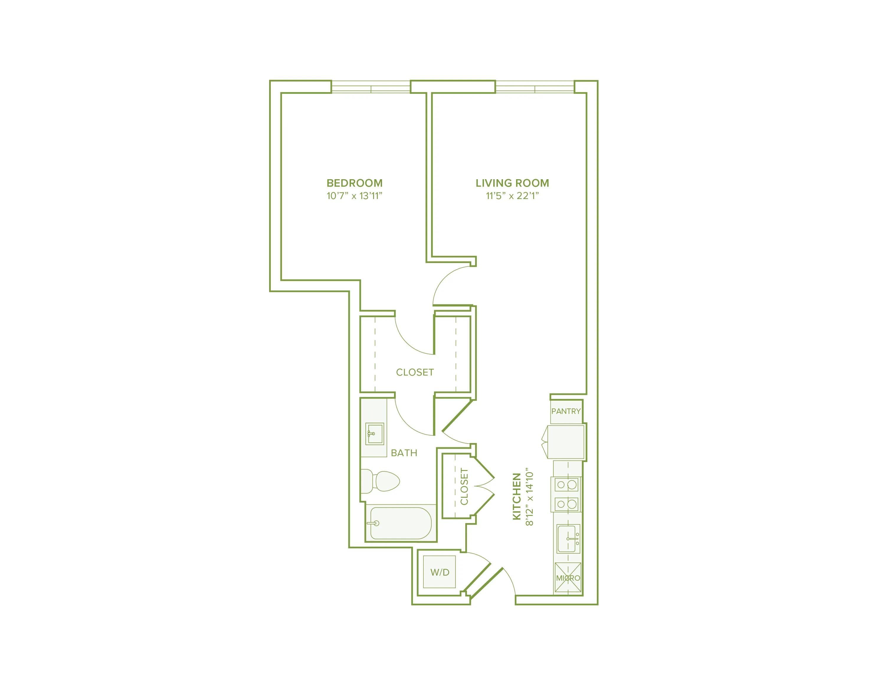 710 square foot one bed one bath floor plan in Falls Church, VA