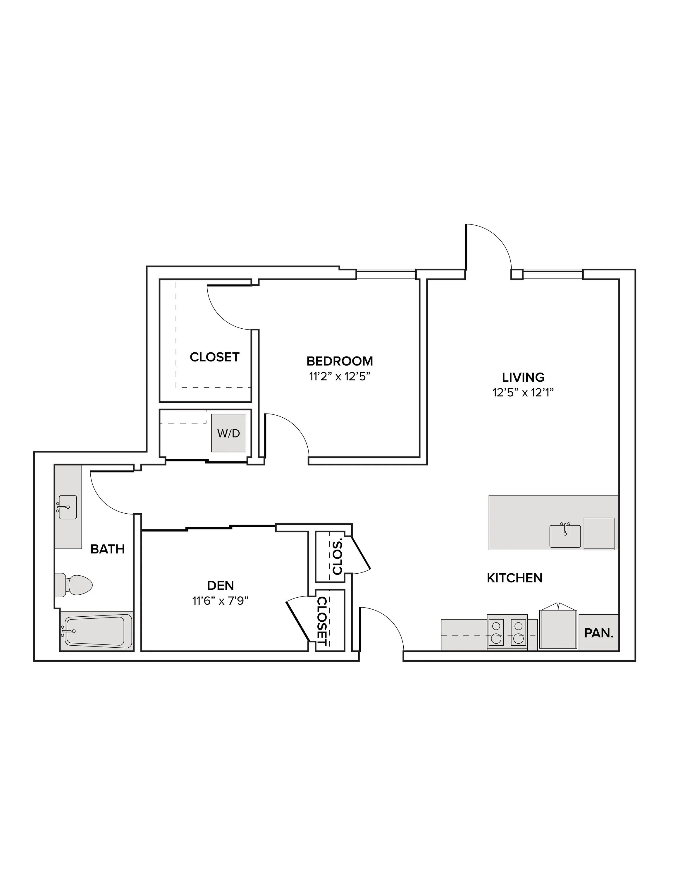 906 square foot one bedroom one bath with a den apartment floor plan image