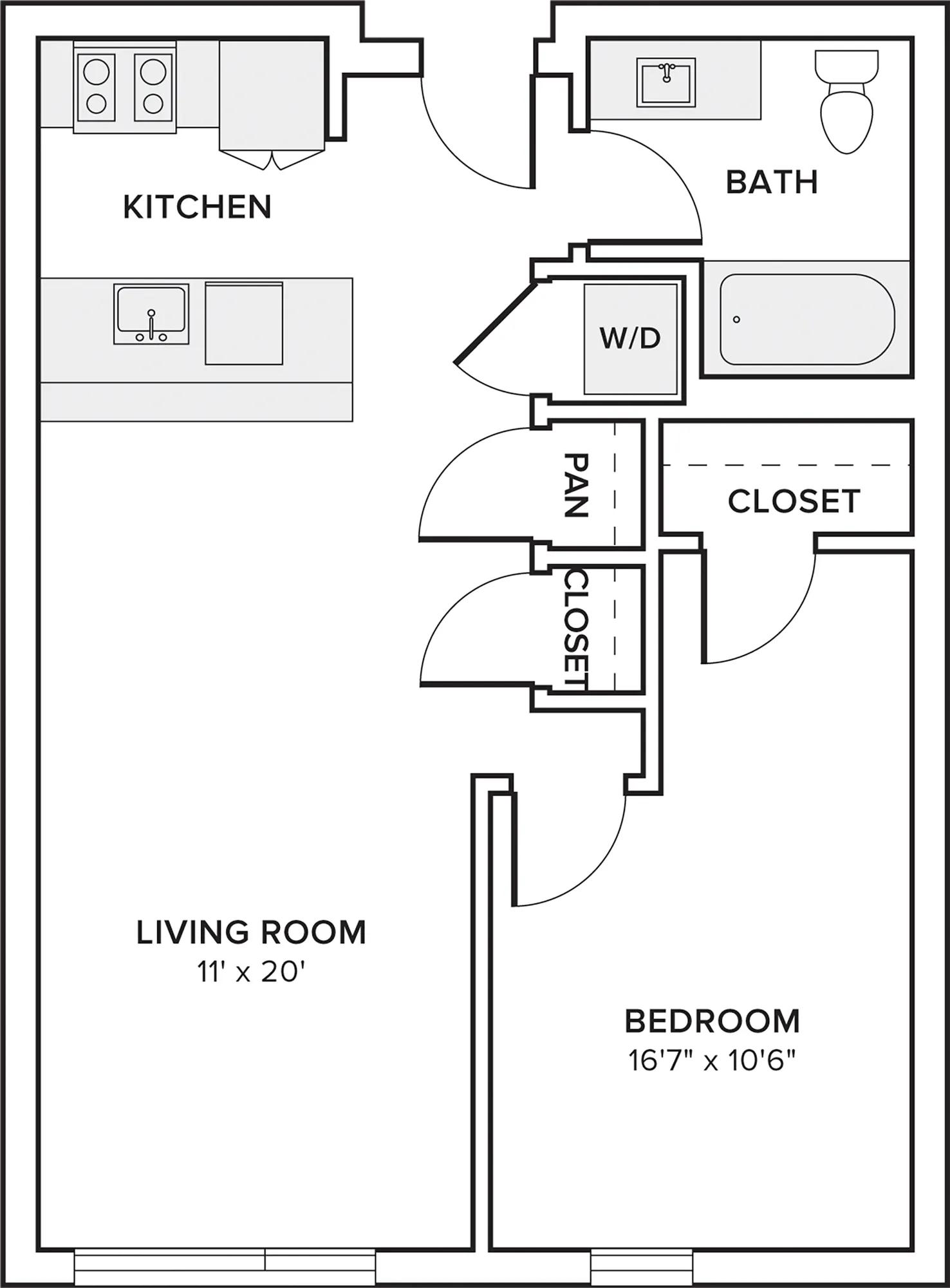 687 to 741 square foot one bedroom one bath apartment floor plan image in Redmond, WA