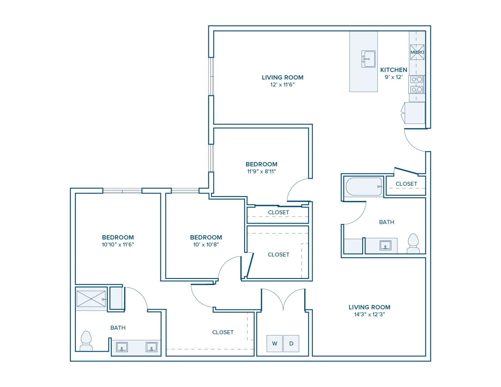1585 square foot three bed two bath floor plan in Beaverton, OR