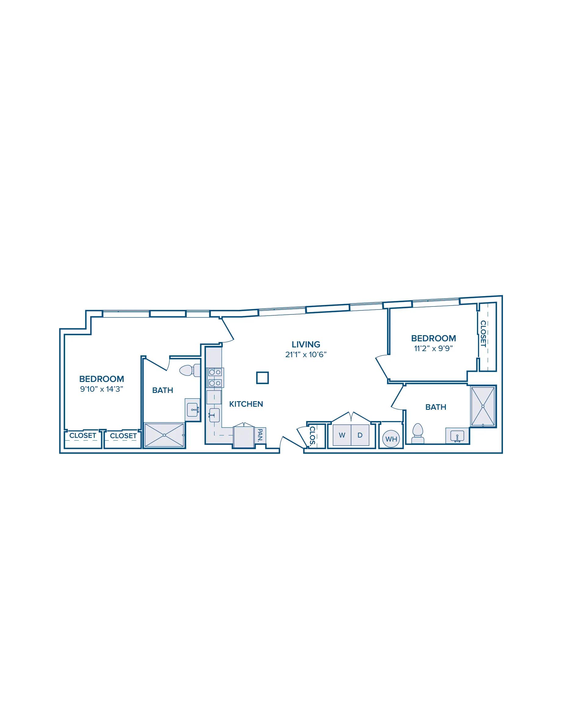 1031 square foot two bed two bath floor plan image