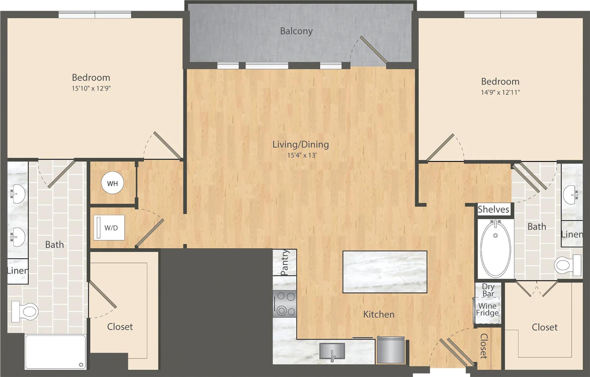1381 square foot two bedroom two bath apartment floor plan in Dallas, TX
