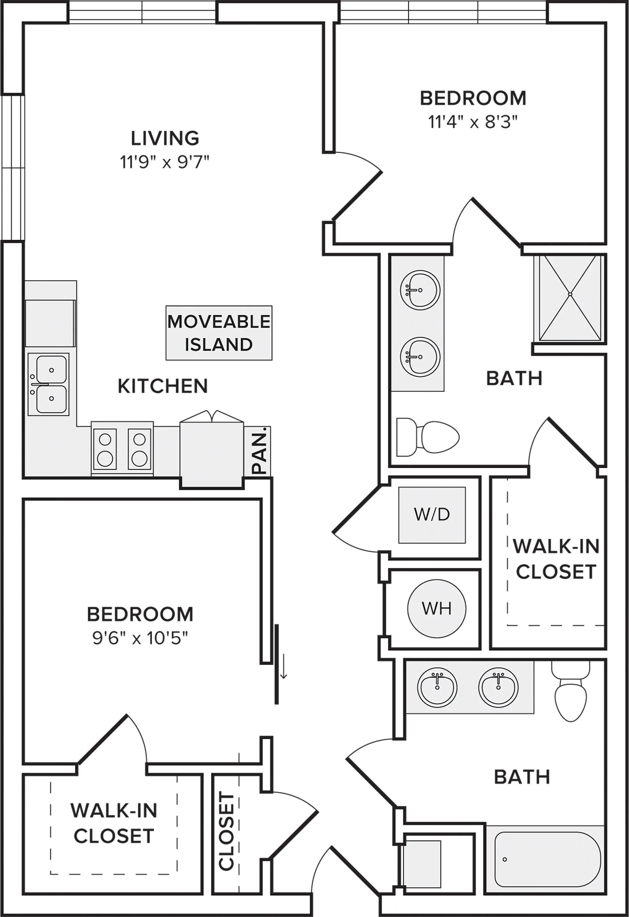 899 square foot two bedroom two bath apartment floorplan image