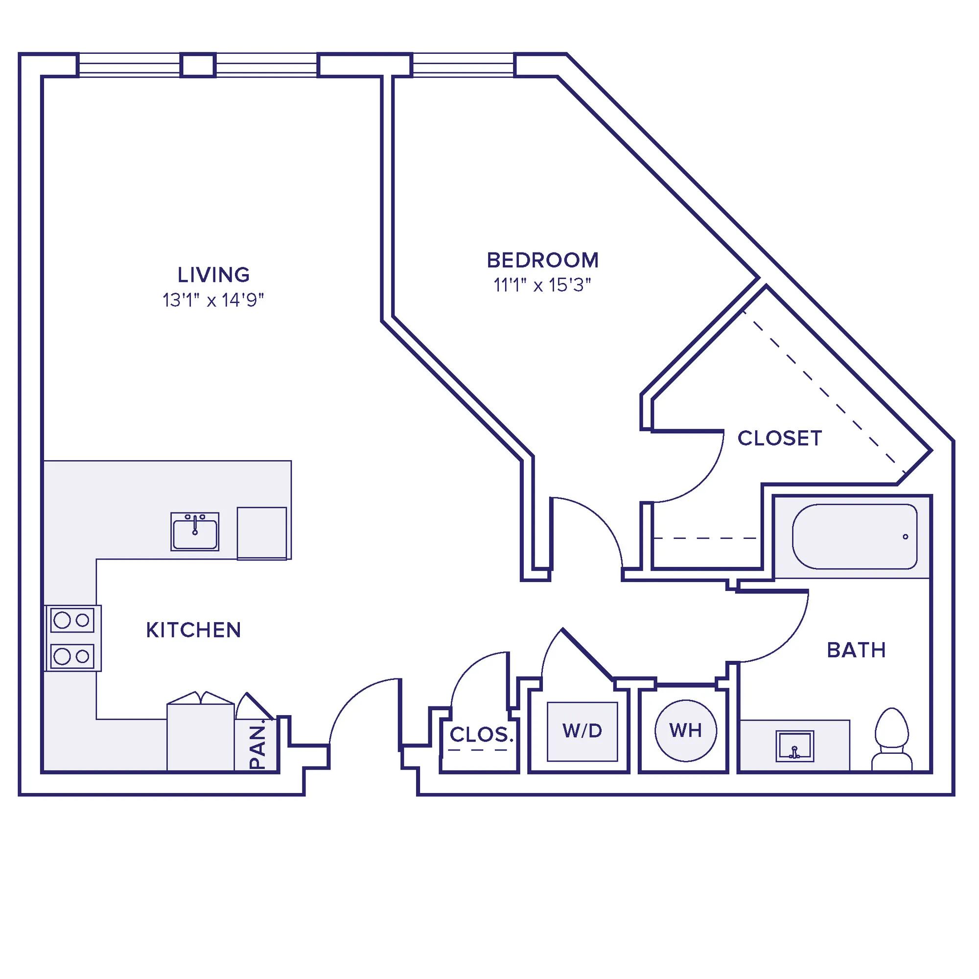 842-873 square foot one bed one bath apartment floor plan image
