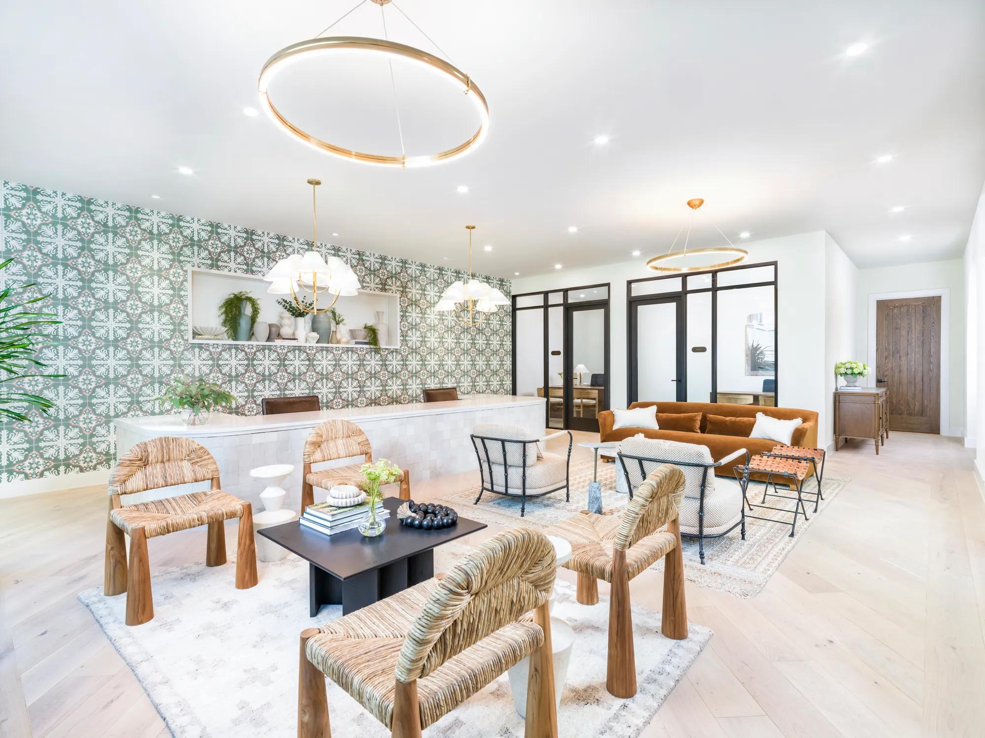 leasing center with seating and modern light fixtures modera trailhead apartment homes for rent in dallas texas