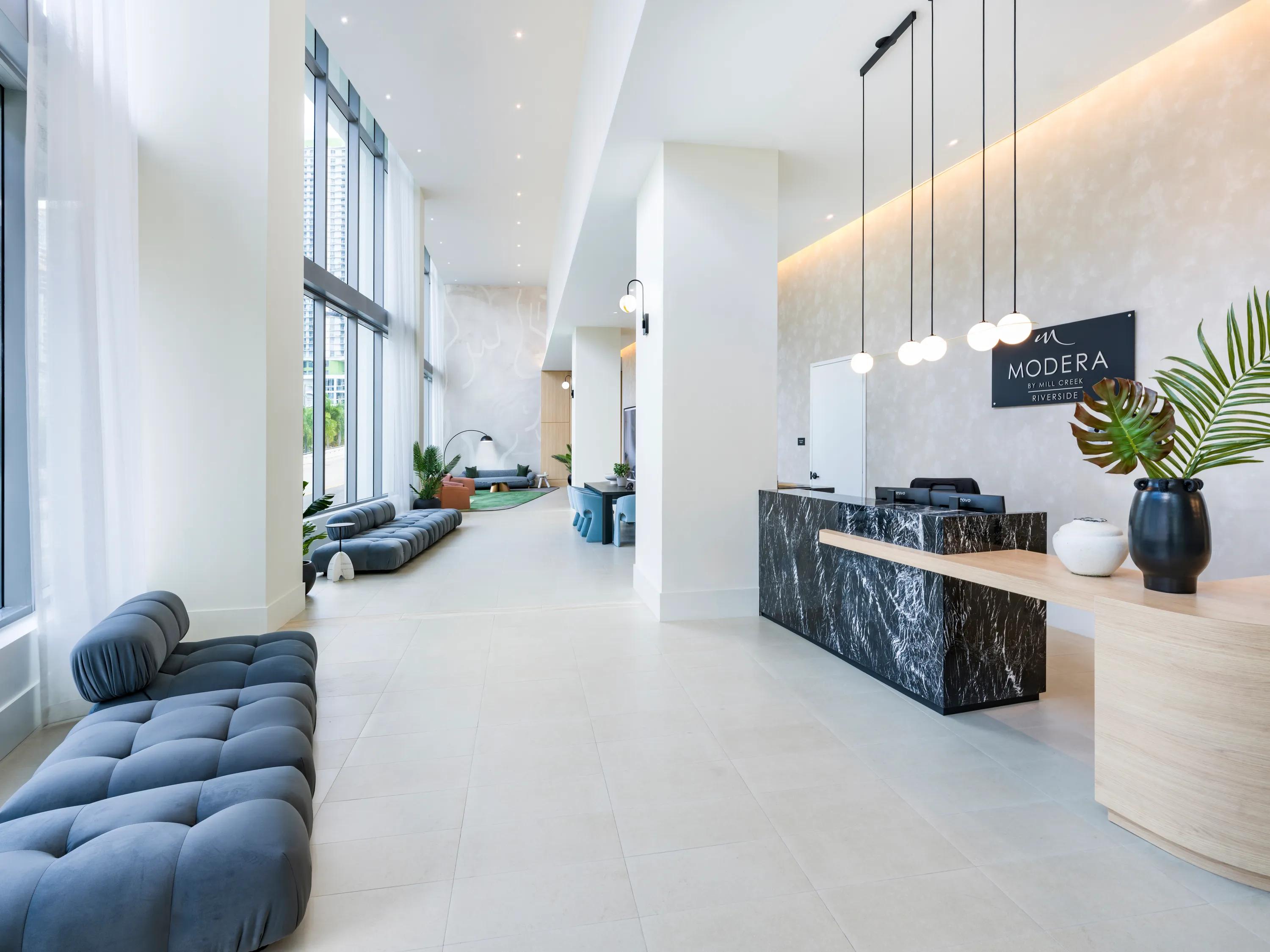 hotel inspired lobby with high ceilings modera riverside apartment homes for rent in miami fl