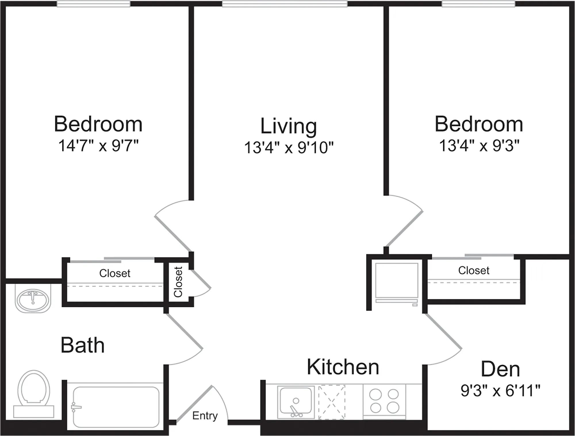 681 square foot two bedroom one bath floor plan image