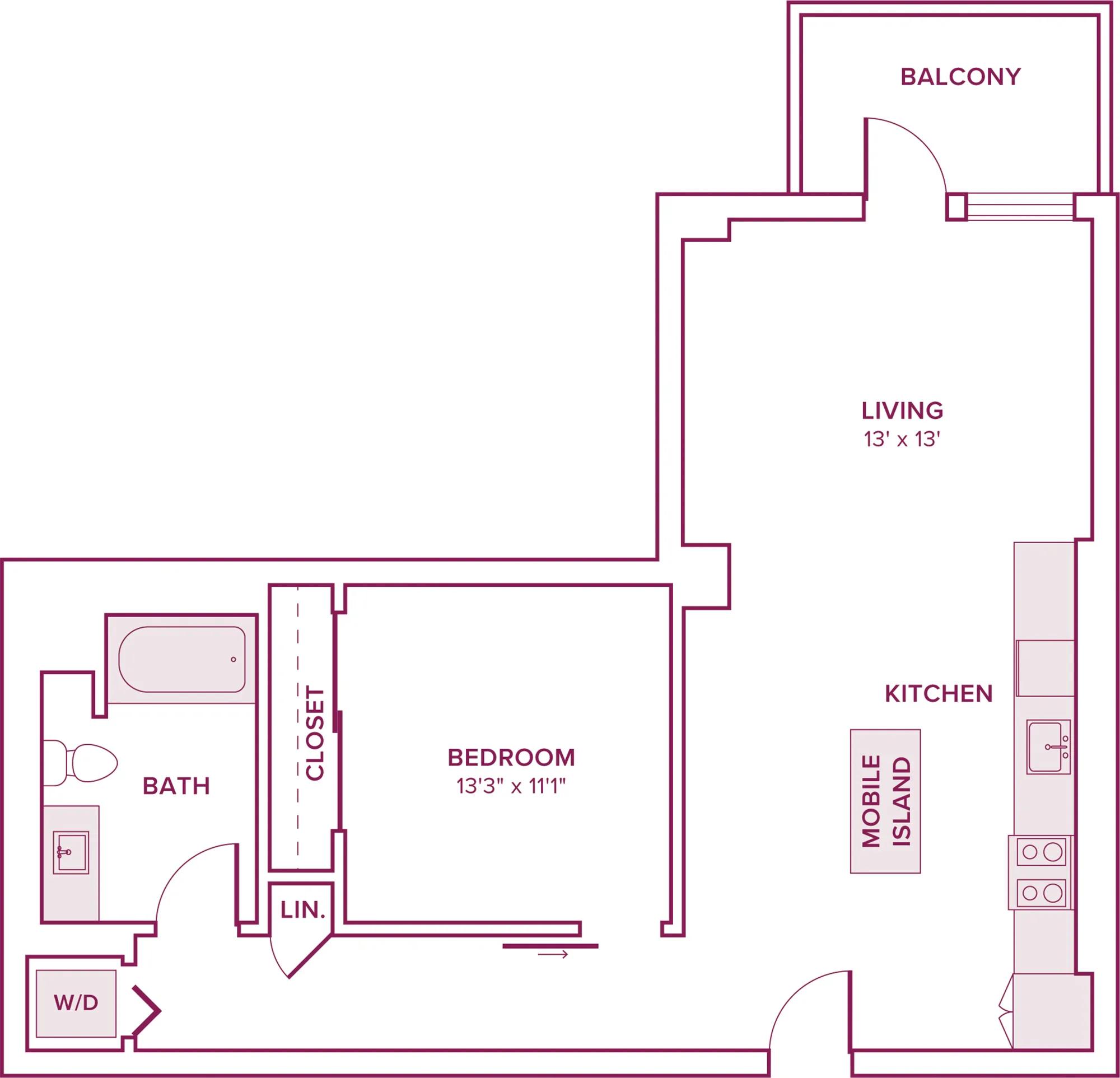 765 square foot one bed one bath floor plan in Argyle, CA