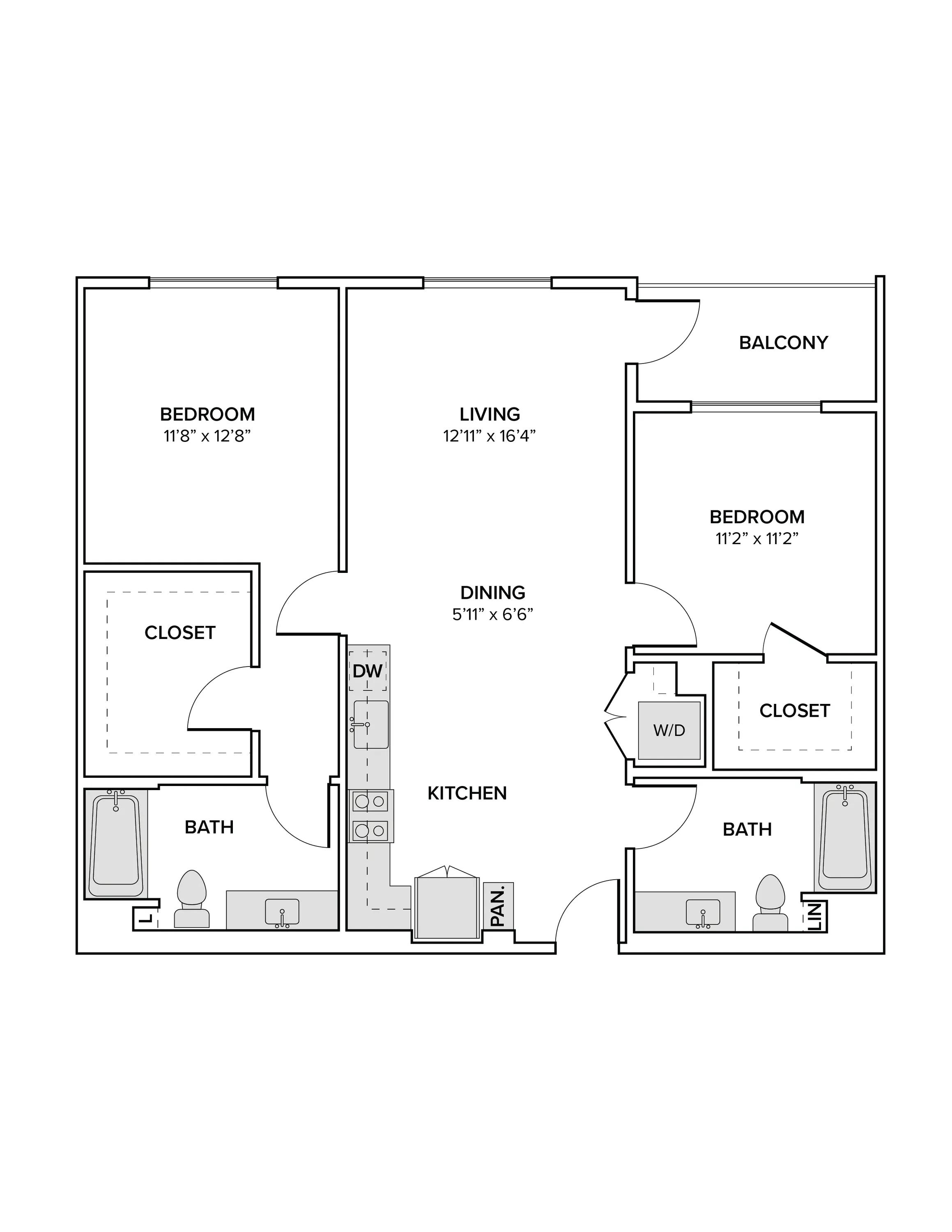 1085 square foot two bed two bath floor plan image