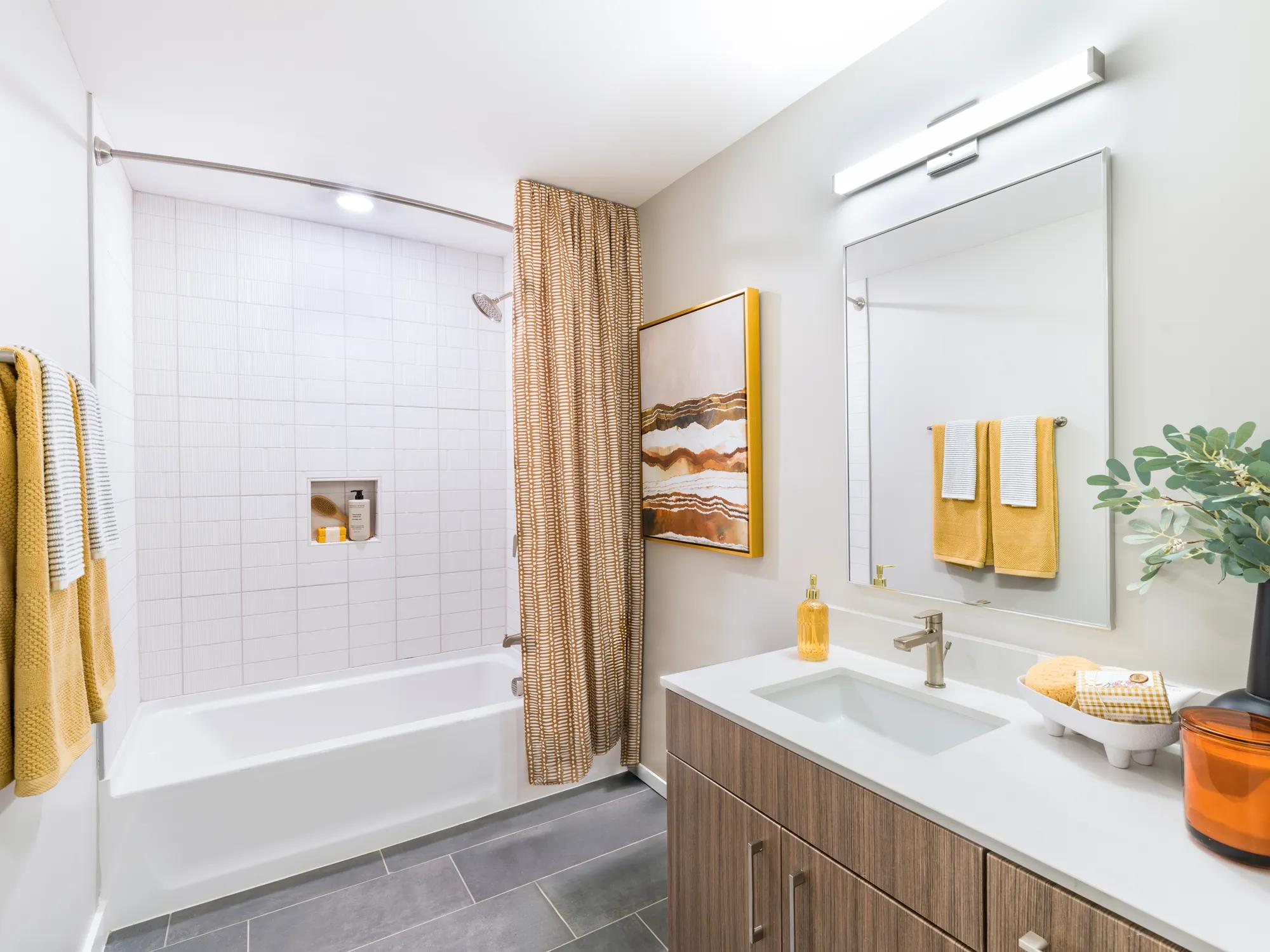bathroom with tub and dark tile finish throughout modera loso apartment homes for rent in charlotte nc