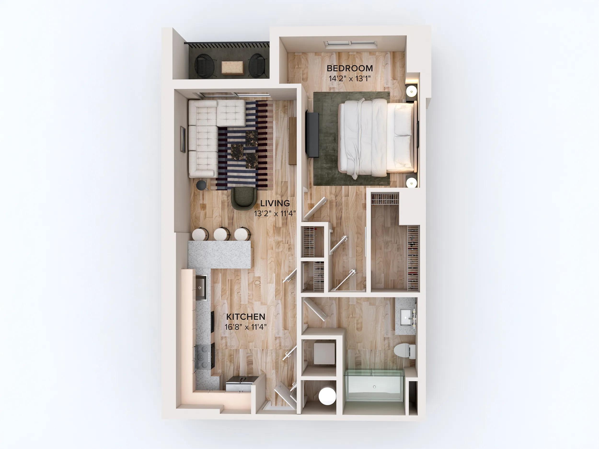 784 square foot one bed one bath floor plan in Miami, FL