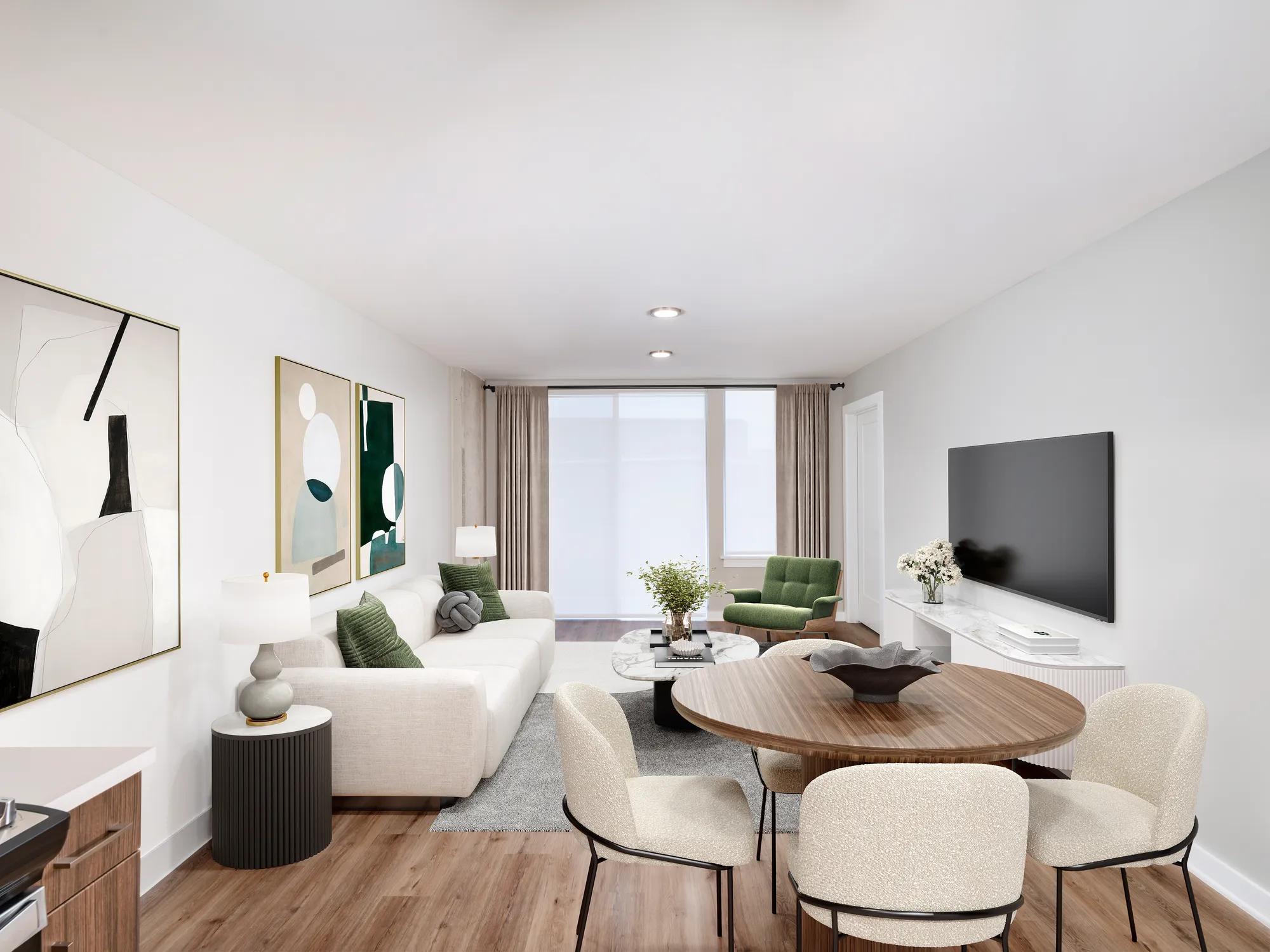 living room and dining area leading onto large windows modera loso apartment homes for rent in charlotte nc