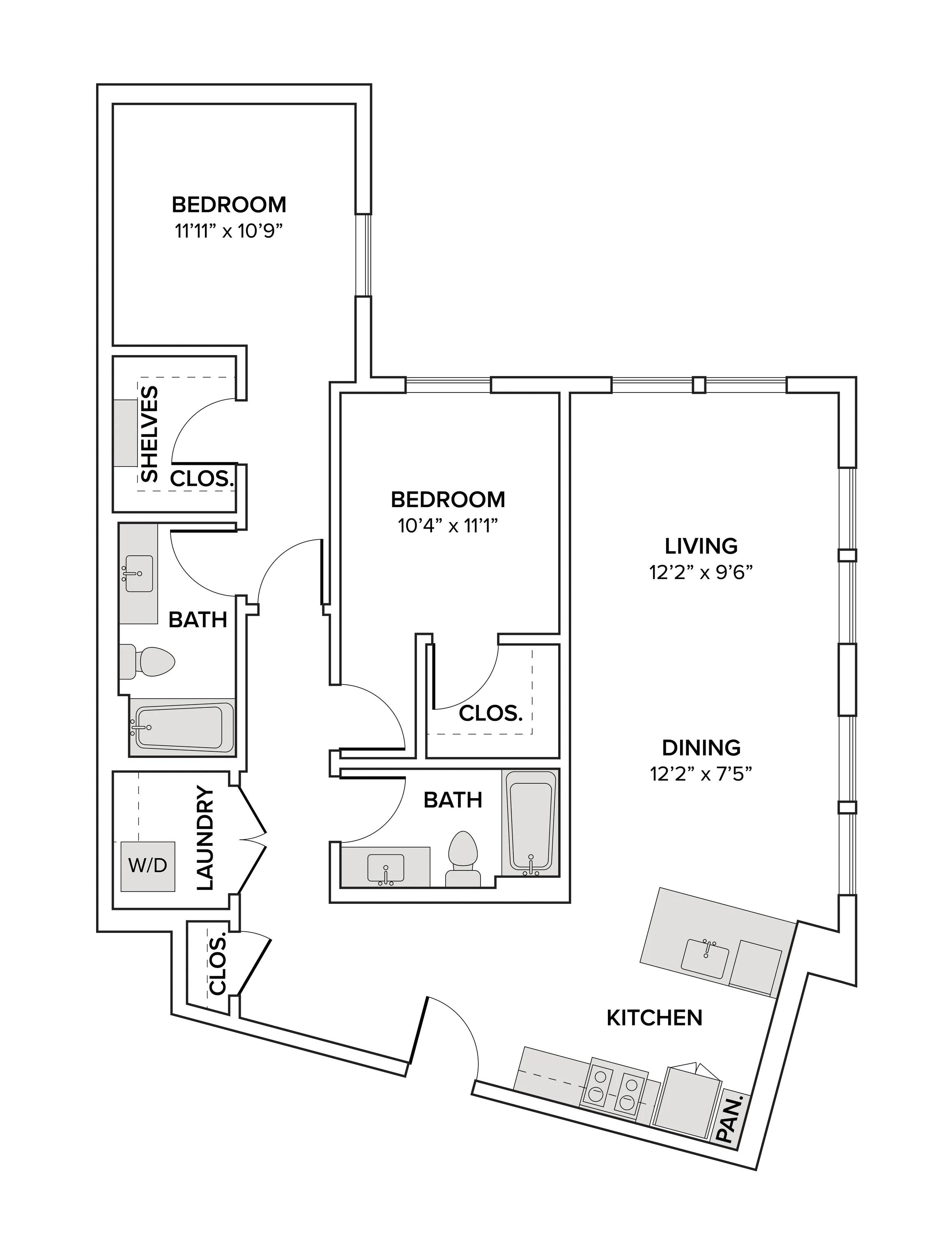 1232 square foot two bedroom two bath apartment floor plan image