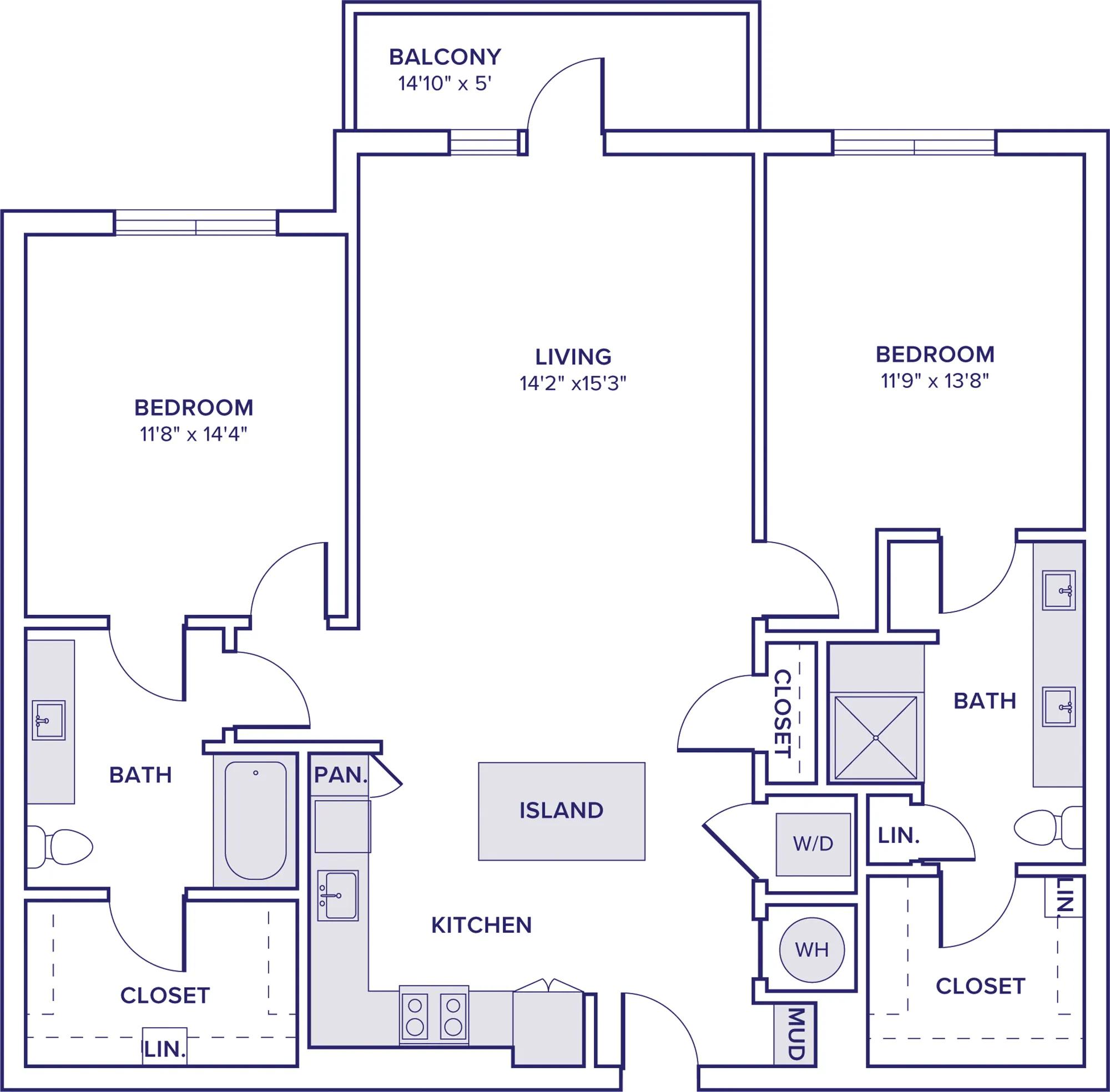 1301 square foot two bedroom two bath apartment floor plan in McKinney, TX