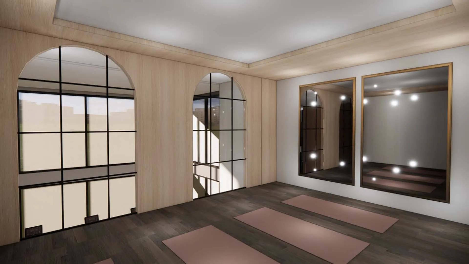 yoga room with mats on floor at modera university park apartment homes for rent in denver co