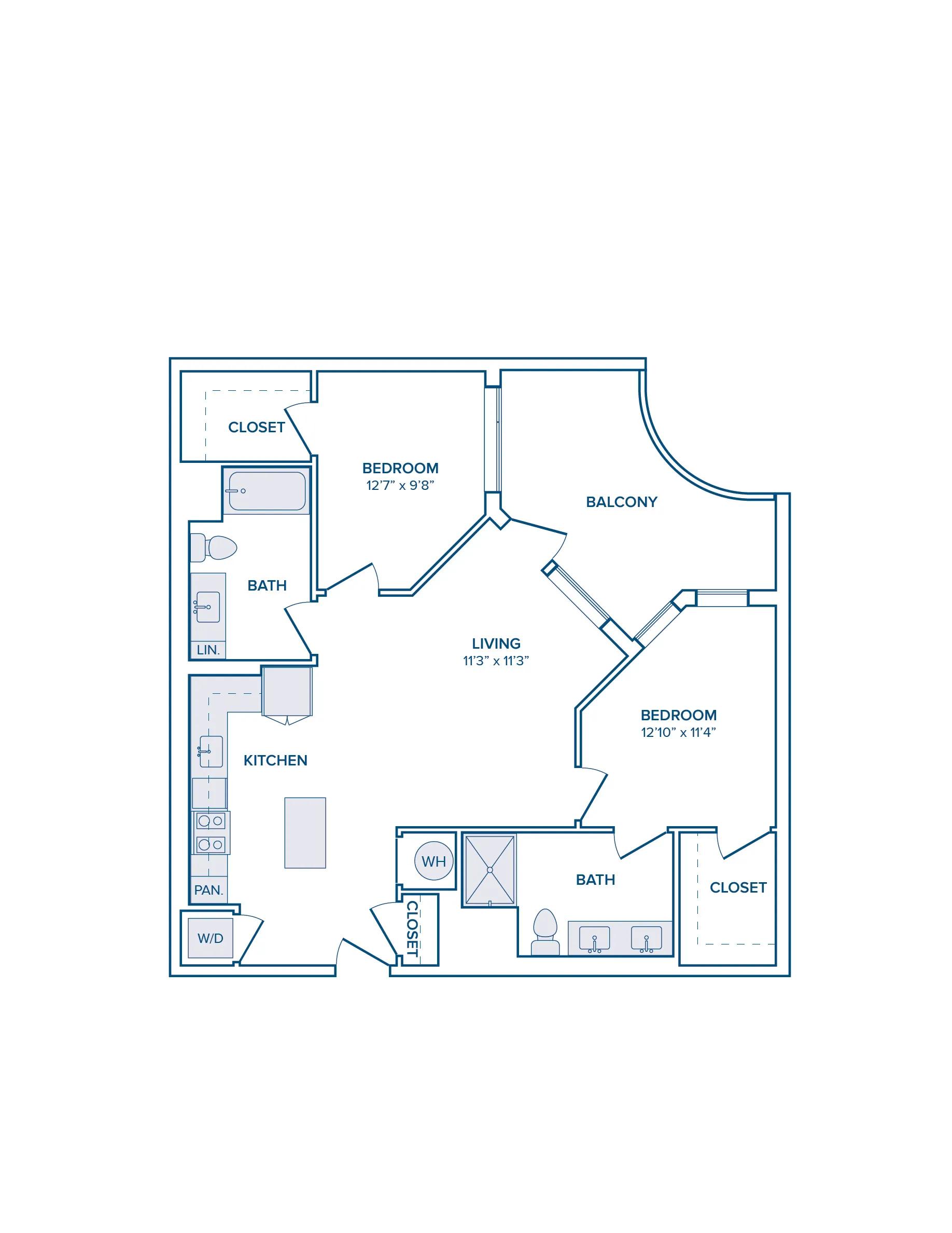 988 square foot two bed two bath floor plan image
