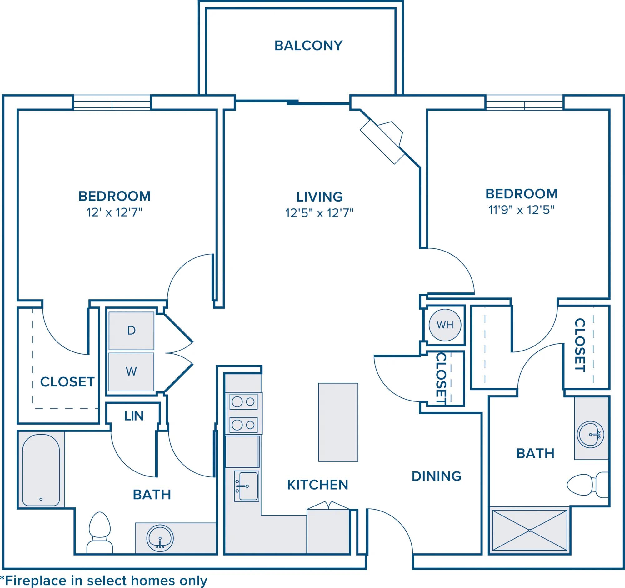 1101 square foot two bed two bath apartment floor plan in Marshfield, MA