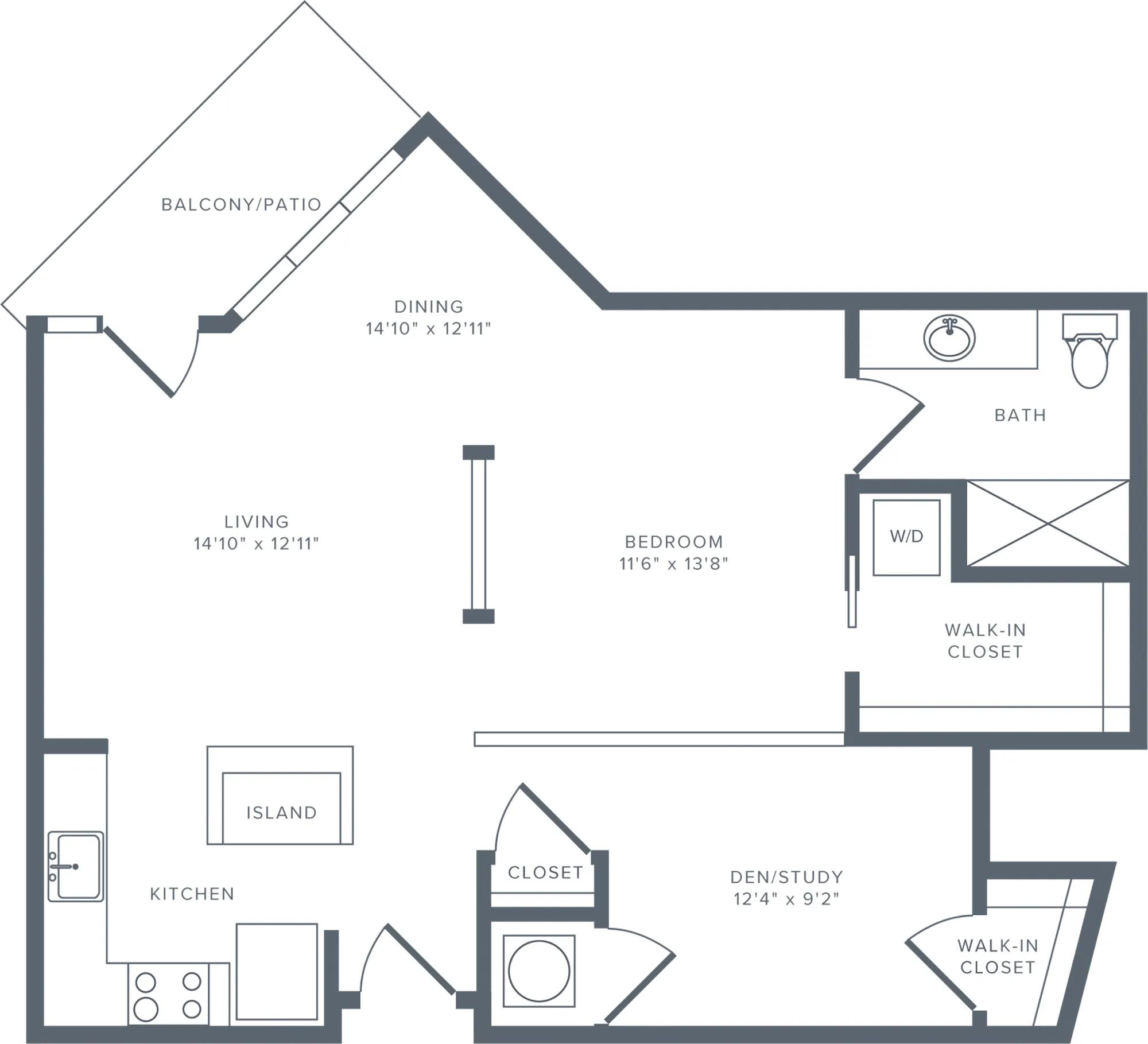 865 square foot studio one bath with den floorplan image