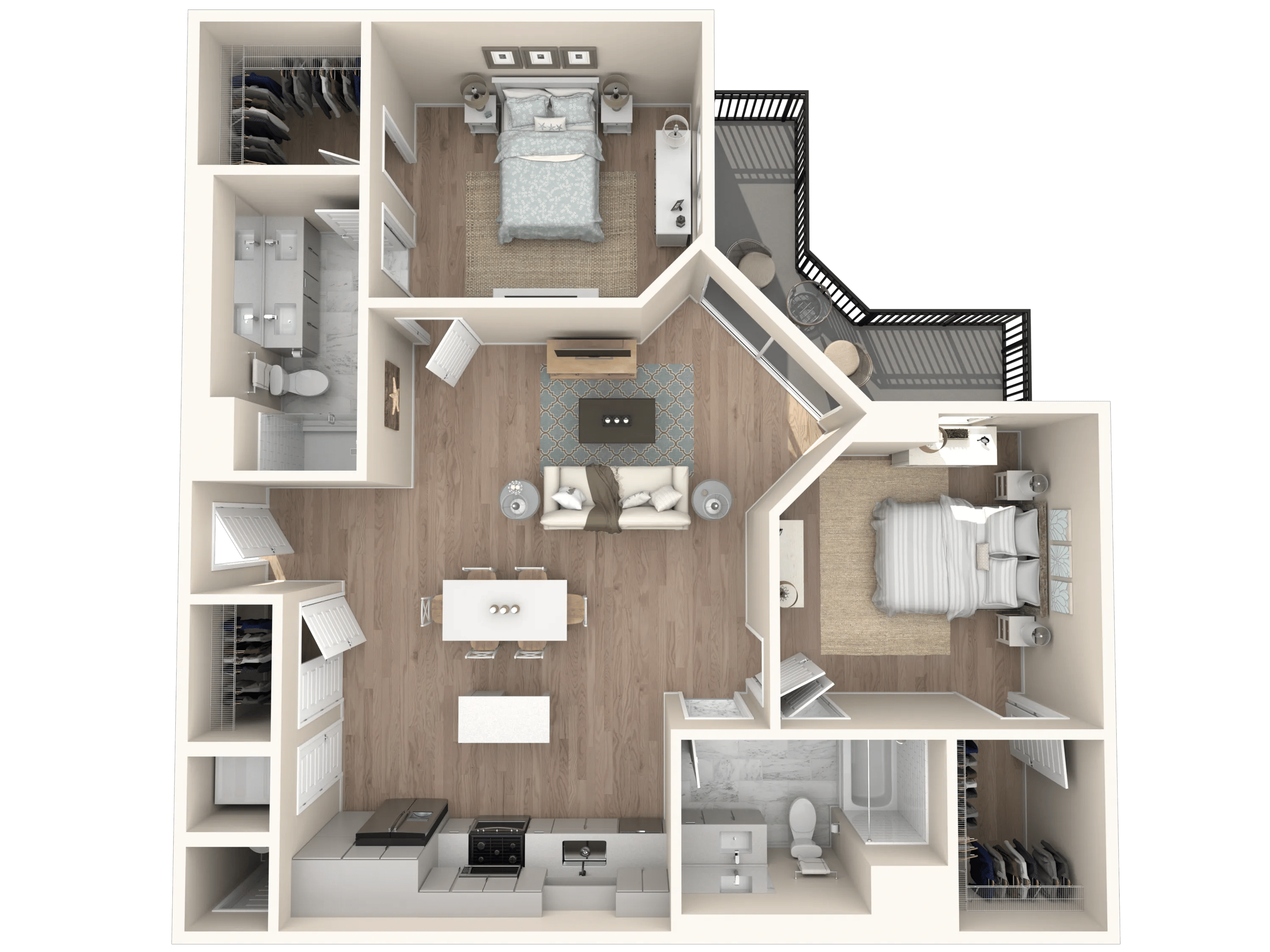 1090 square foot two bed two bath floor plan in Tampa, FL
