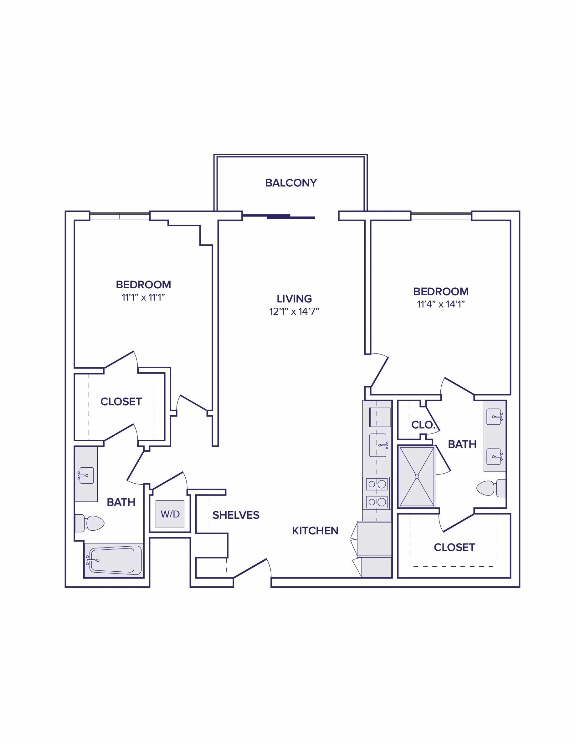 1098 square foot two bed two bath floor plan image