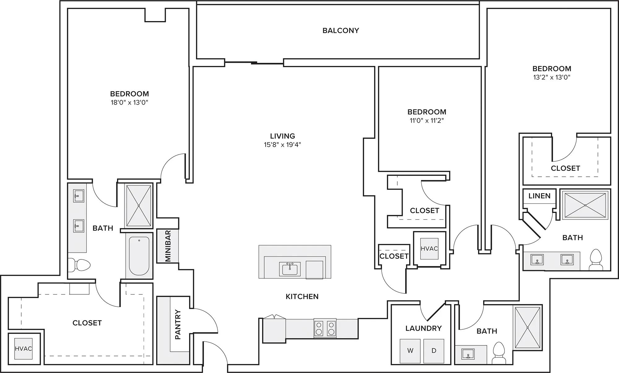 2041 square foot three bedroom two bath apartment floor plan in Atlanta, GA
